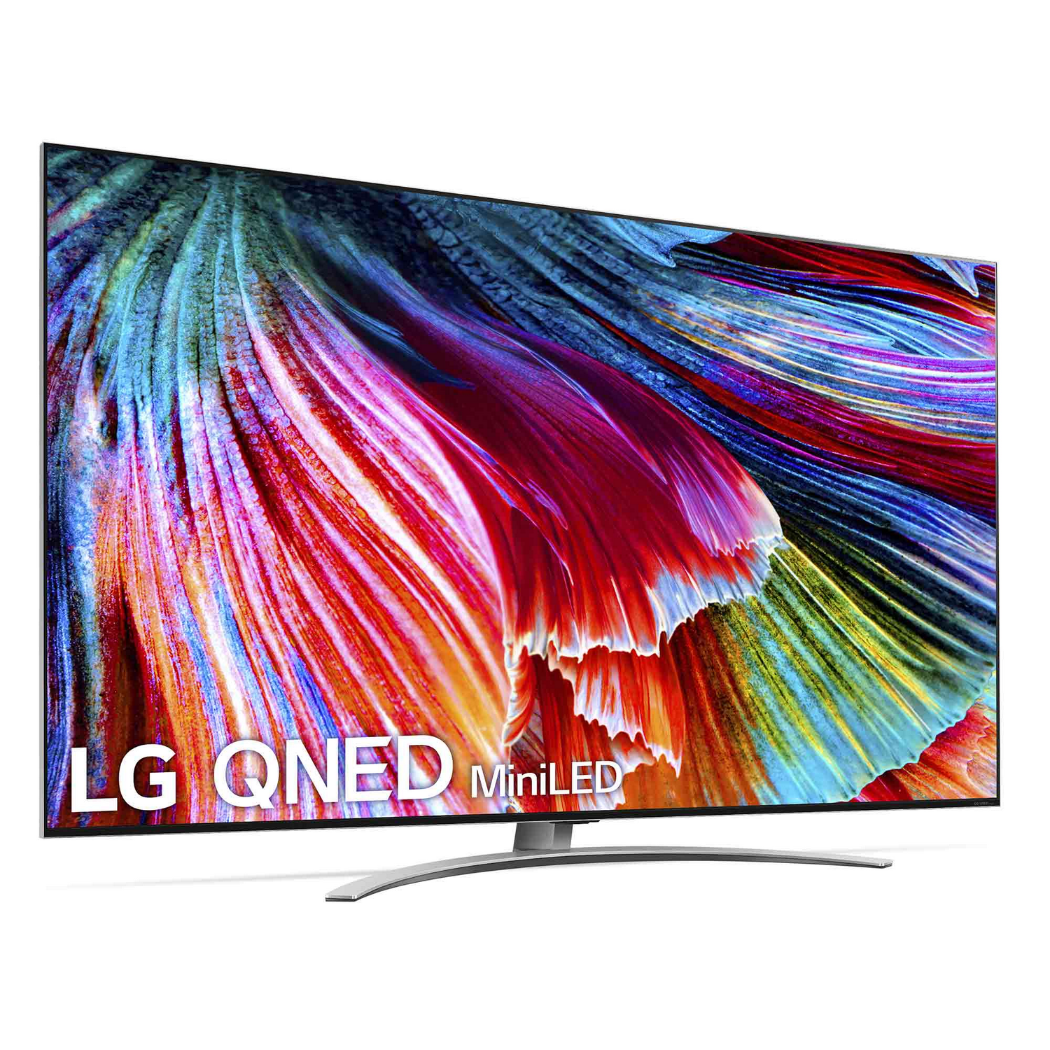 Un televisor con soporte curvo. La pantalla muestra un patrón abstracto colorido.