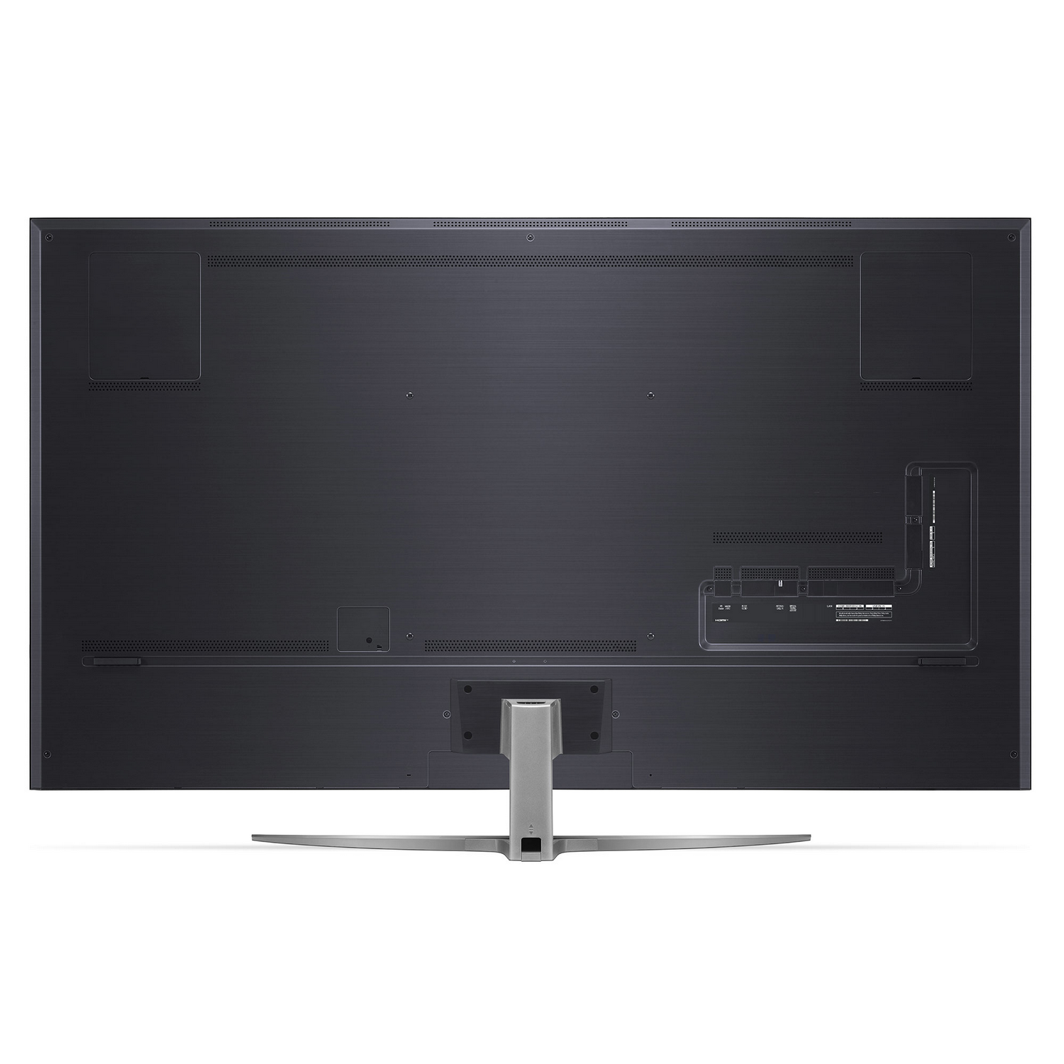 Vista trasera de un televisor de pantalla plana negro con soporte.
