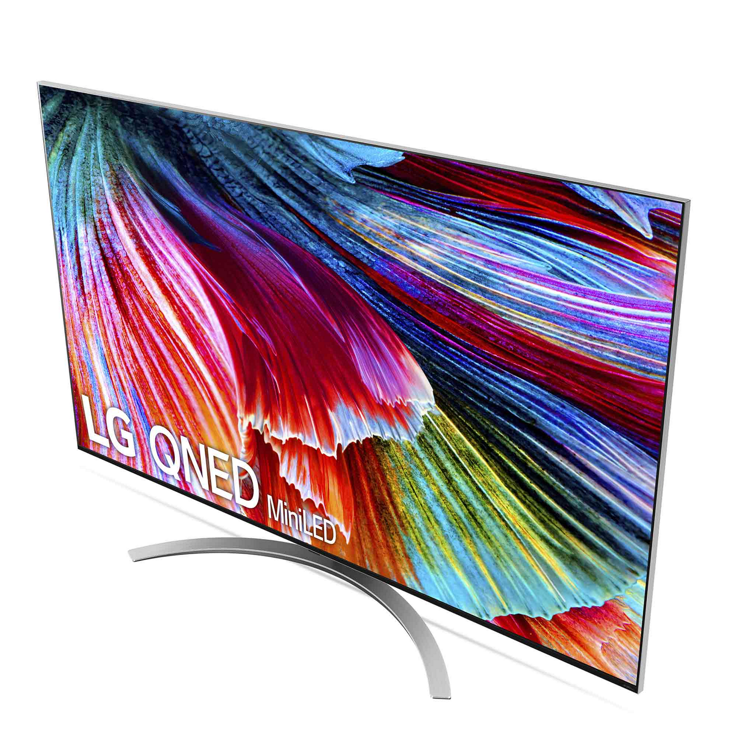 Vista en ángulo de un televisor LG OLED MiniLED con una pantalla vibrante y colorida.