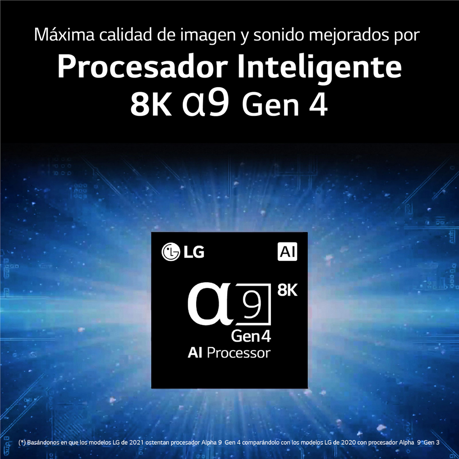 Una imagen de una pantalla LG con texto: 'Procesador Inteligente 8K α9 Gen 4' y un logo de LG.