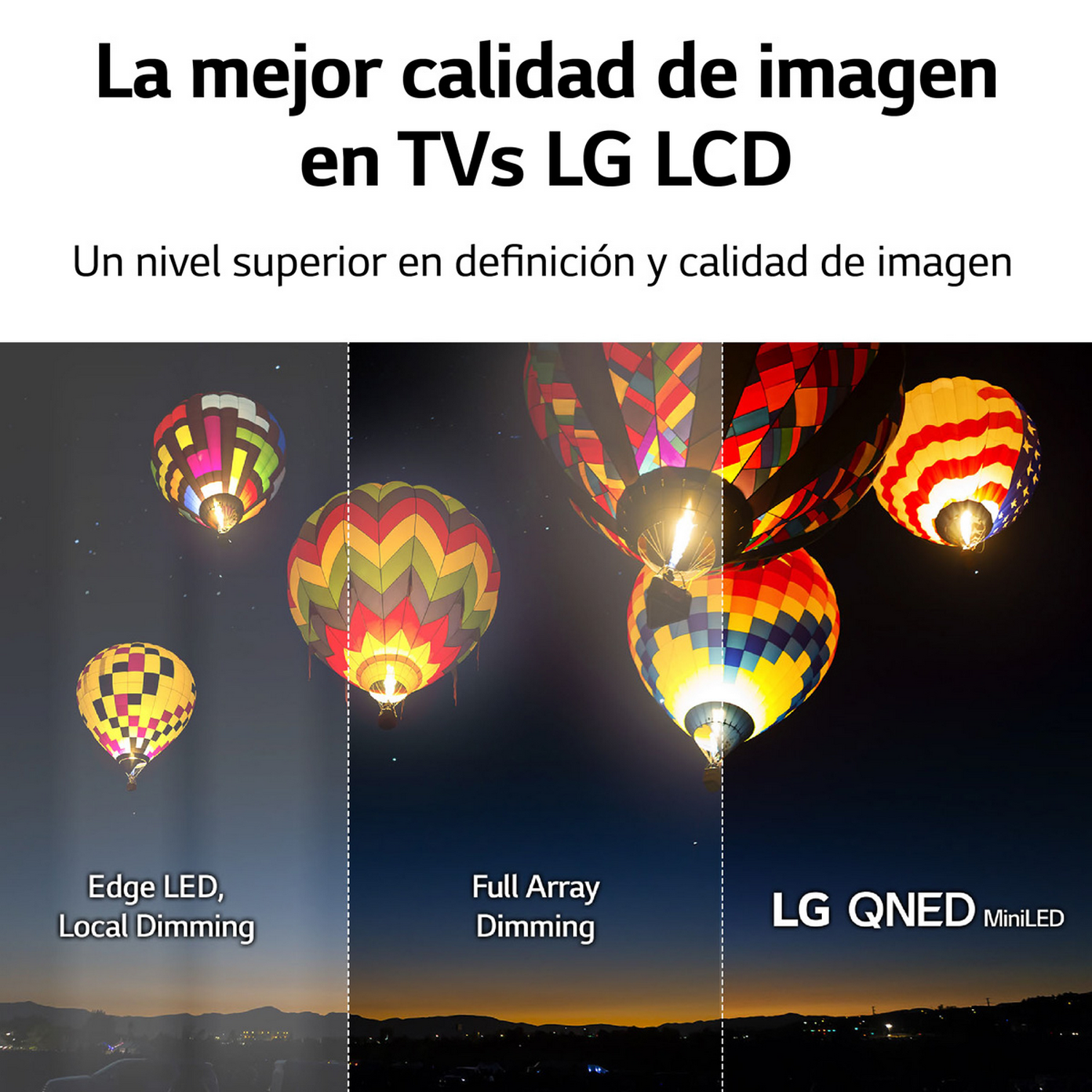 Imagen que muestra la diferencia en la calidad de imagen entre Edge LED, Full Array y televisores LG QNED MiniLED.