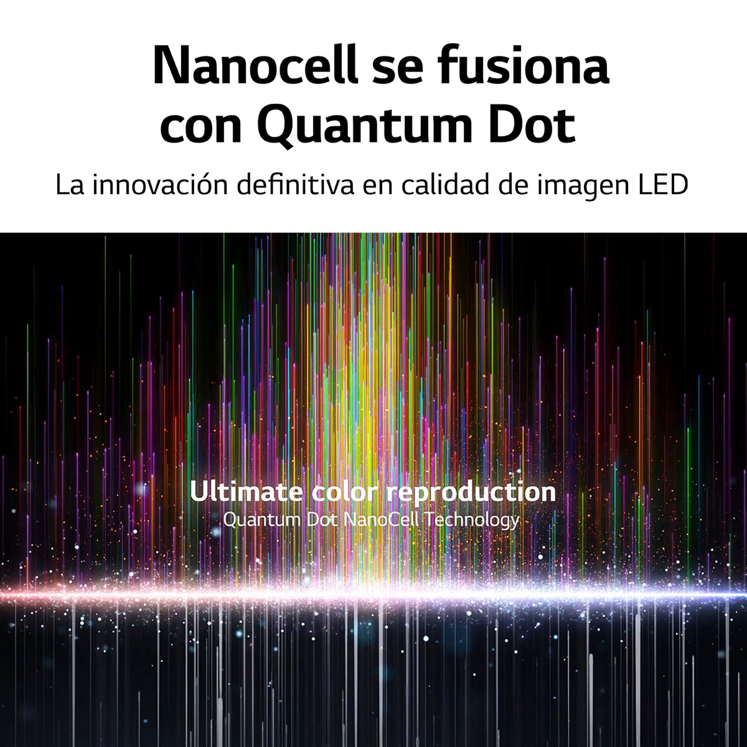 Imagen abstracta con líneas coloridas y texto: Reproducción de color definitiva, Tecnología Quantum Dot NanoCell.
