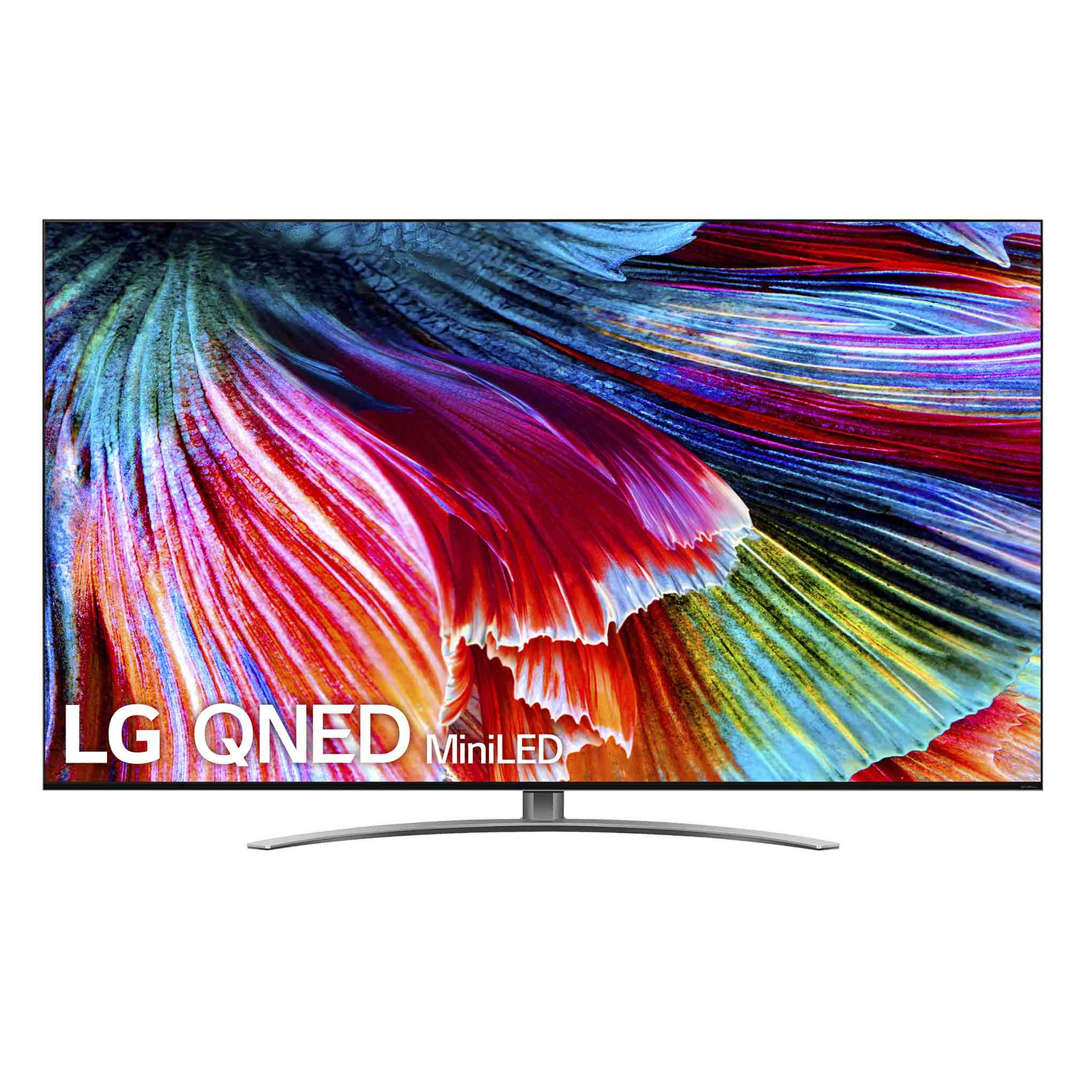 TV LG QNED MiniLED. Pantalla colorida. Soporte plateado.