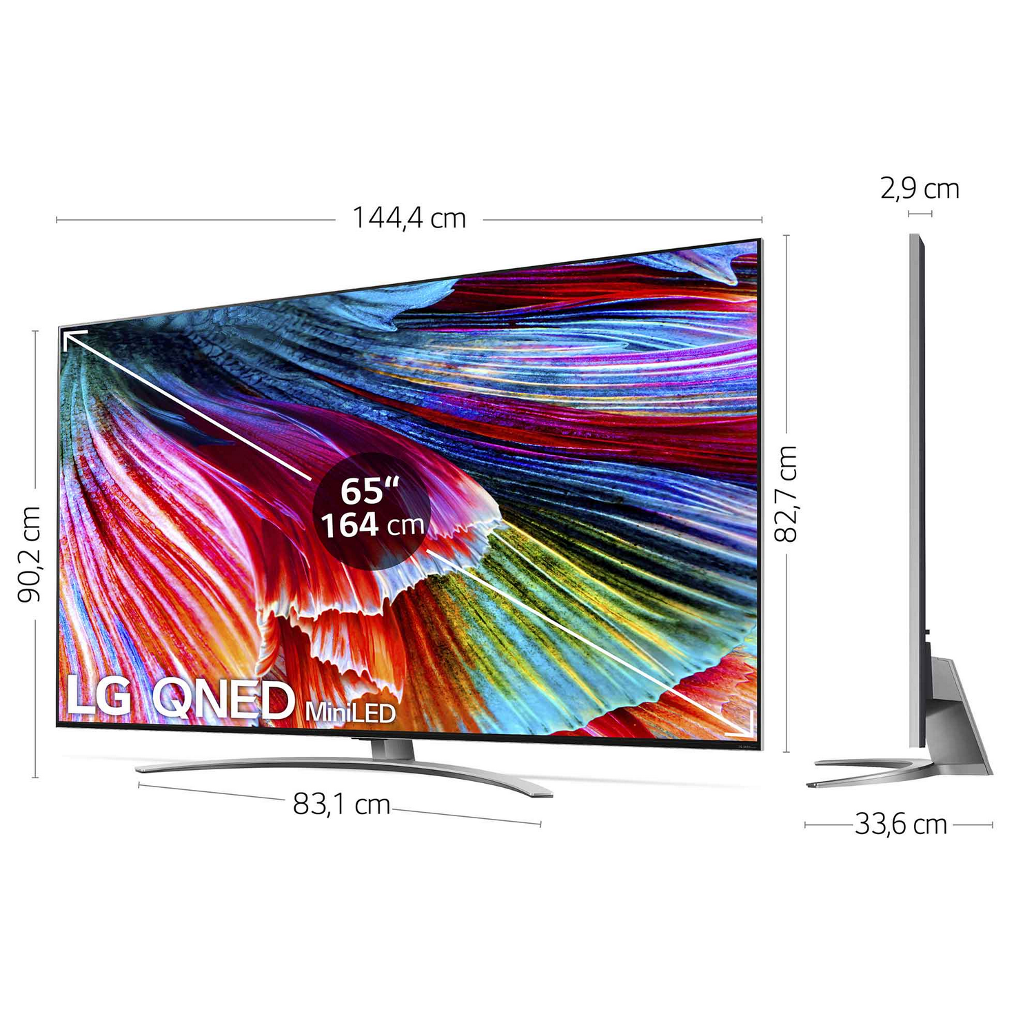 Televisor LG QNED MiniLED. Dimensiones: 144,4cm ancho, 90,2cm alto, 2,9cm profundo. Tamaño de pantalla 65 pulgadas. Dimensiones con medidas.