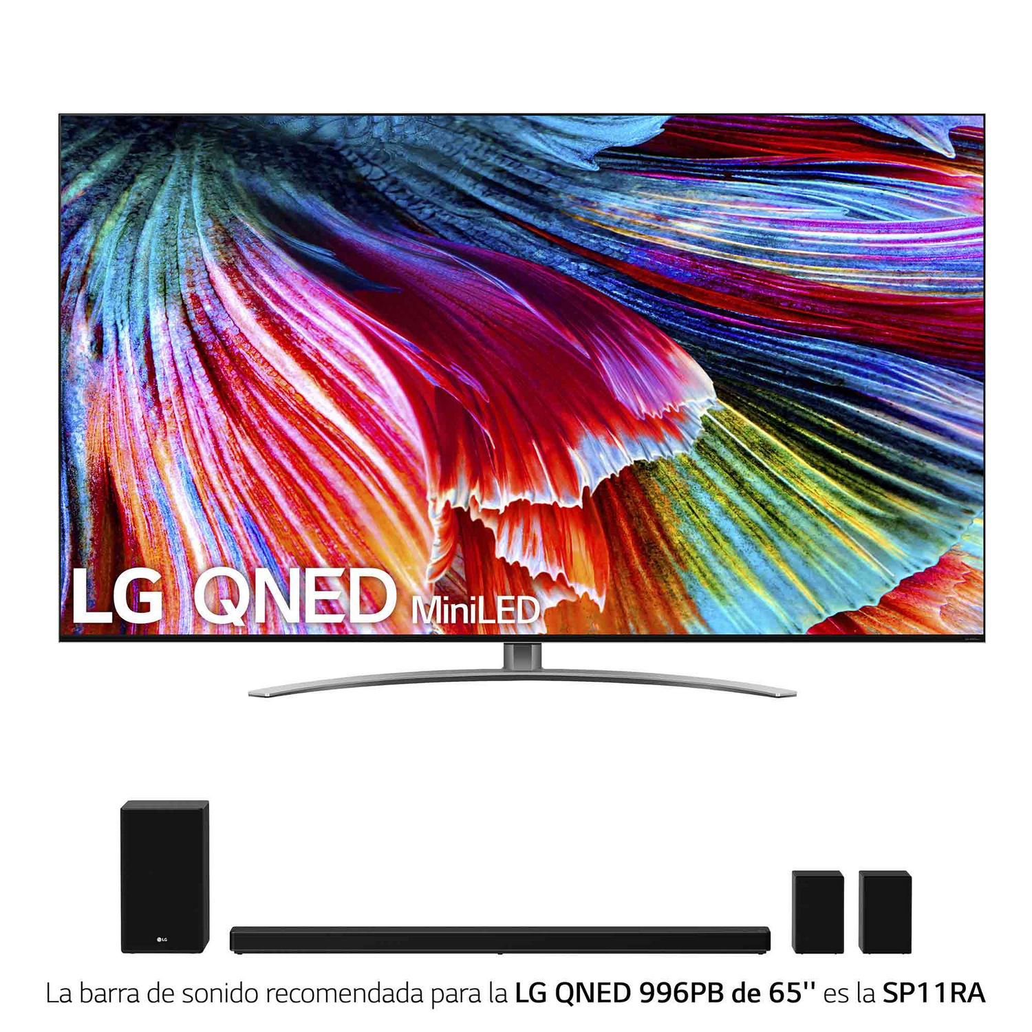 TV LG QNED MiniLED con barra de sonido y altavoces. El televisor está centrado.