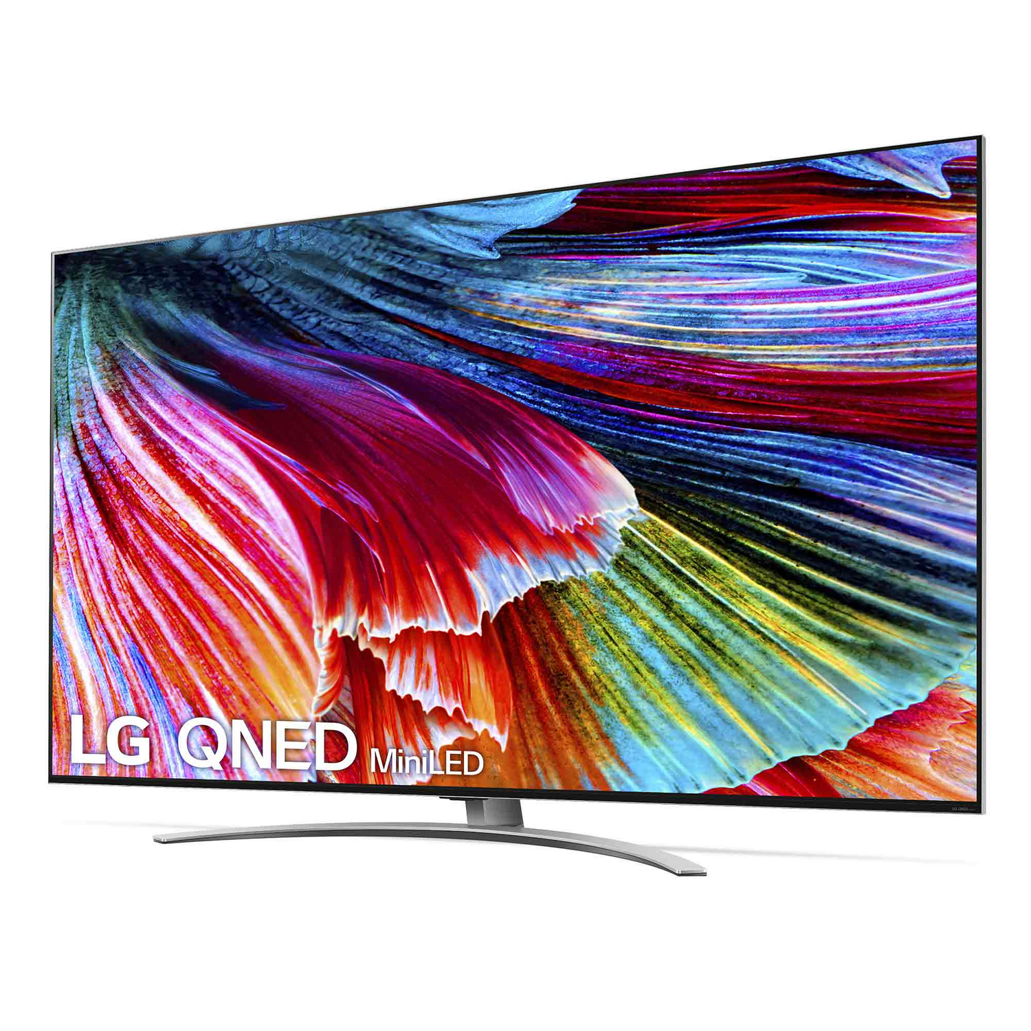 TV LG QNED Mini LED. El televisor está sobre un fondo blanco, mostrando una imagen abstracta colorida.