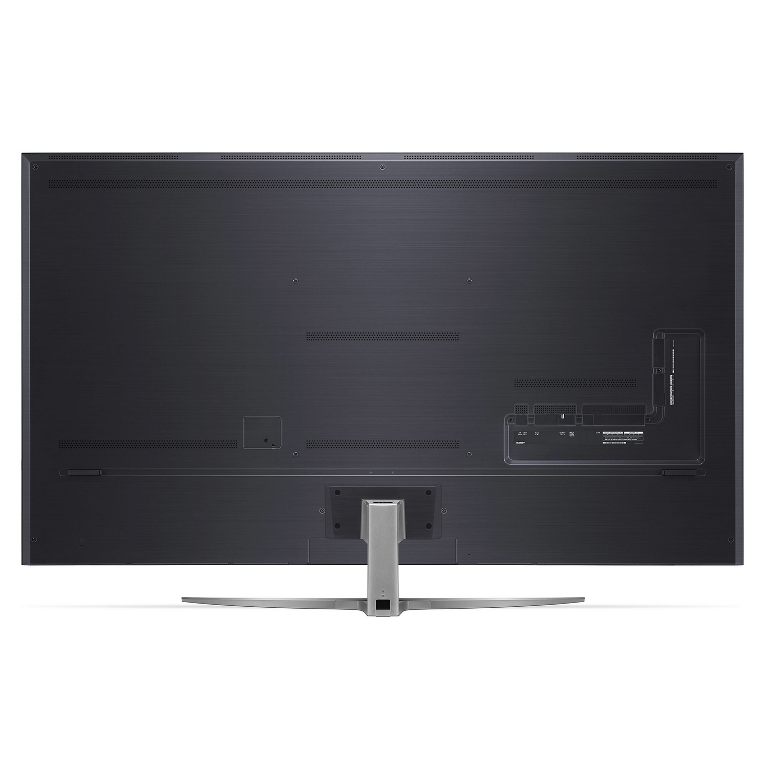 Parte trasera de un televisor negro grande con soporte y puertos de conexión visibles.