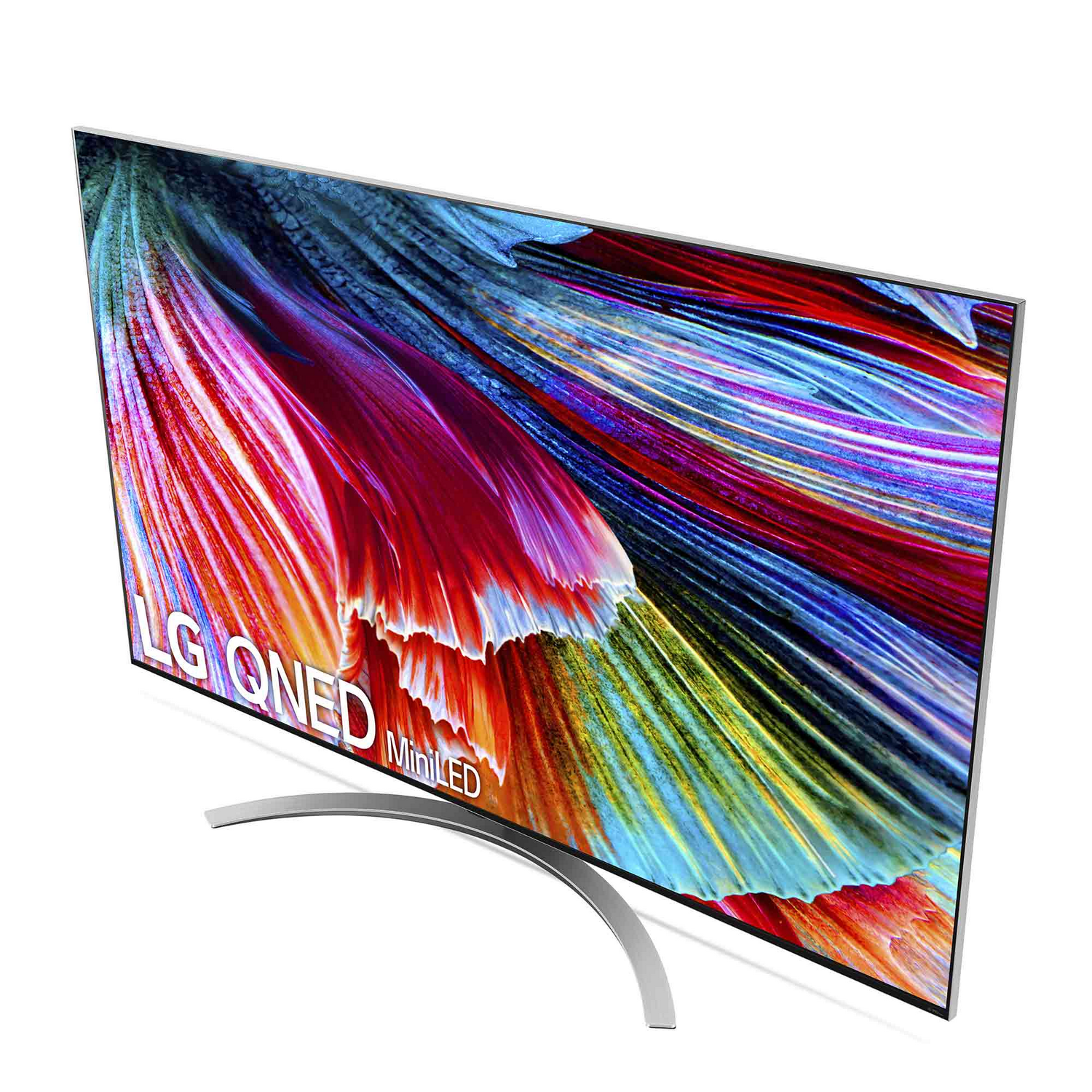 Un televisor grande con base curva muestra una imagen abstracta colorida. El logotipo de LG es visible.