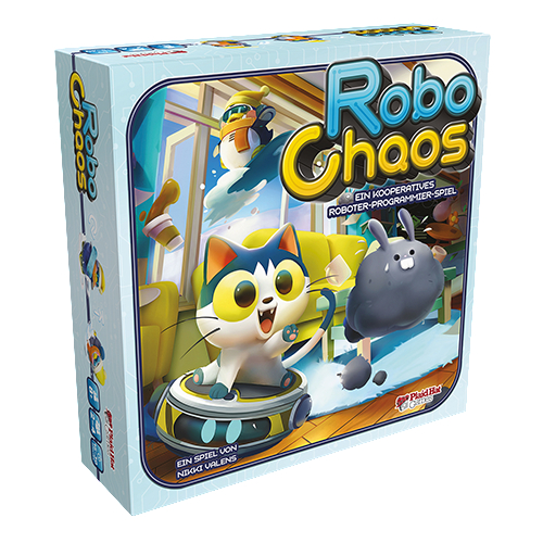 Spielbox: Katze auf Plattform, Roboter und Comic-Hintergrund. Titel: Robo Chaos.