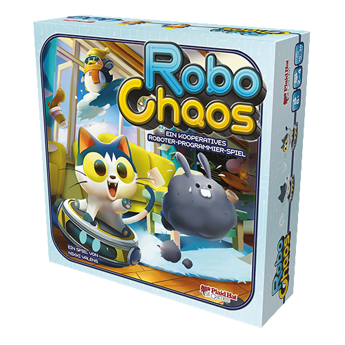 Robo Chaos-Spielbox mit Katze, Roboter und Hasen. Spieltitel oben.