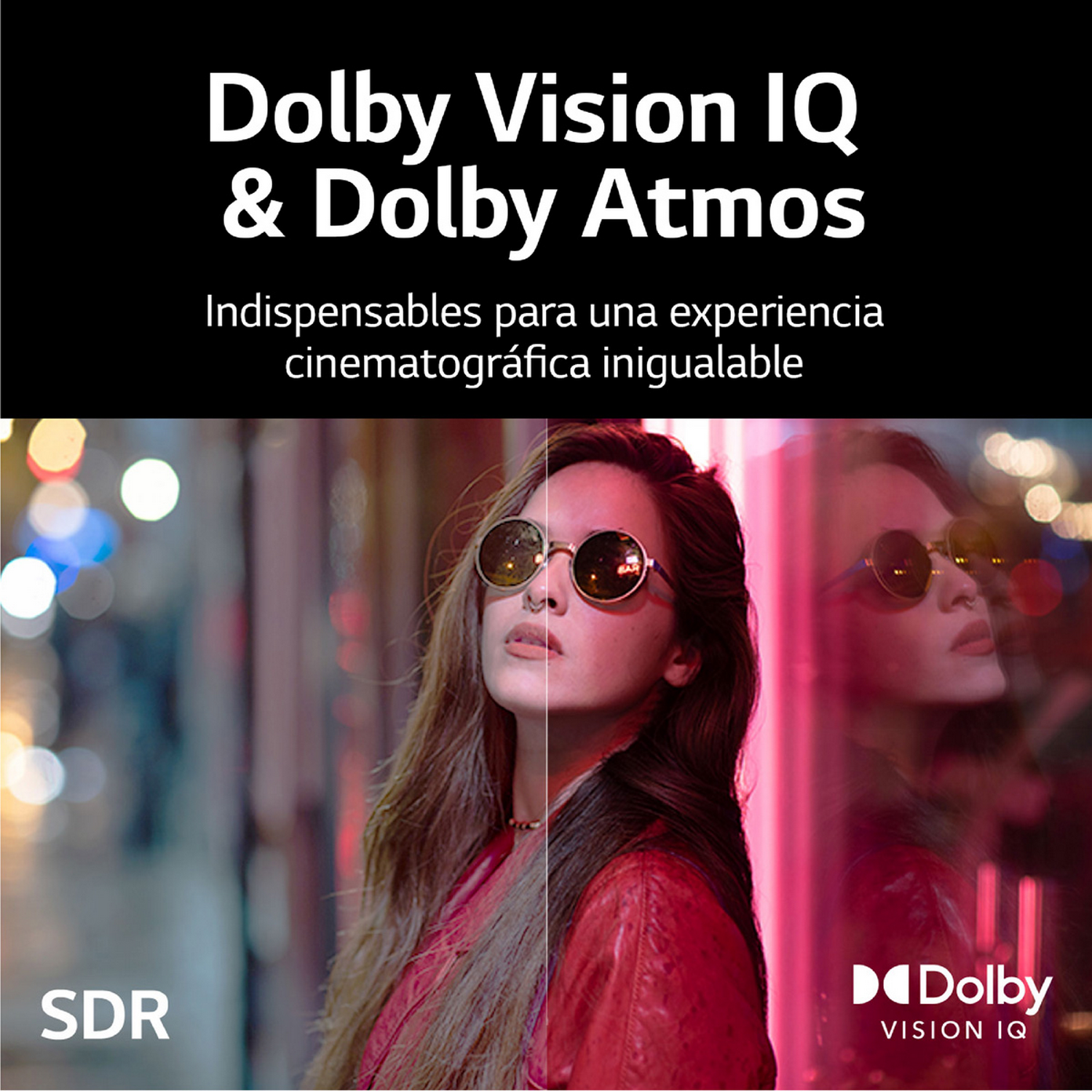 Mujer con gafas de sol en una habitación iluminada en rojo, con texto sobre Dolby Vision IQ y Atmos.