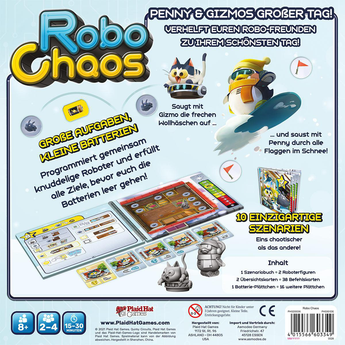 Eine Brettspielbox mit illustrierten Spielelementen und Textbeschreibungen.