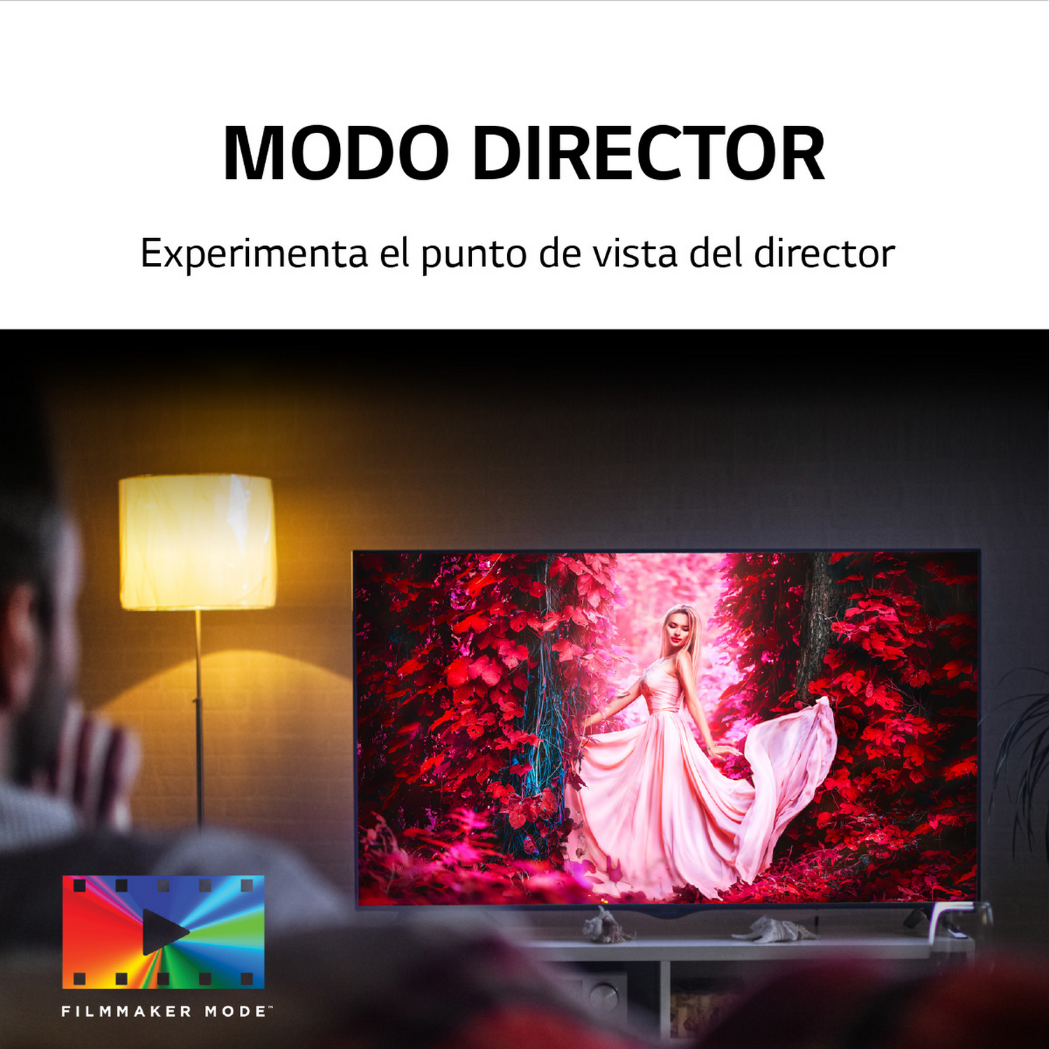 Una mujer con un vestido rosa en una pantalla de TV. La pantalla dice 'FILMMAKER MODE'.