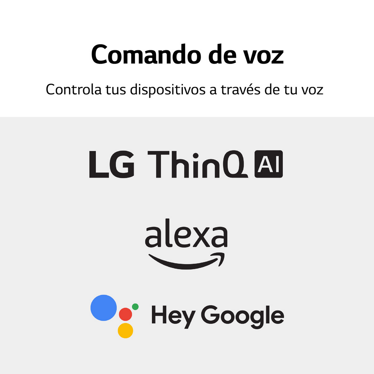 Texto: 'Control de voz'. Logotipos: LG ThinQ AI, Alexa y Google.