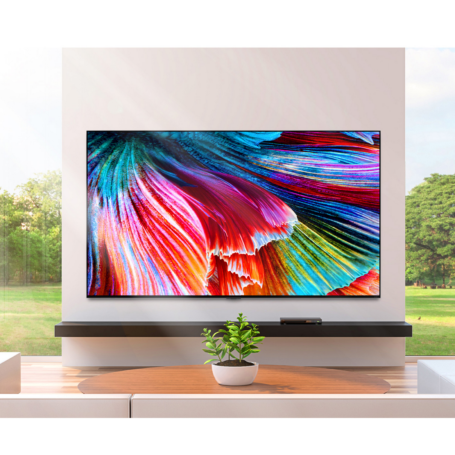 Un televisor muestra colores vibrantes. Está montado en una pared sobre una estantería oscura. Afuera, un paisaje verde es visible.