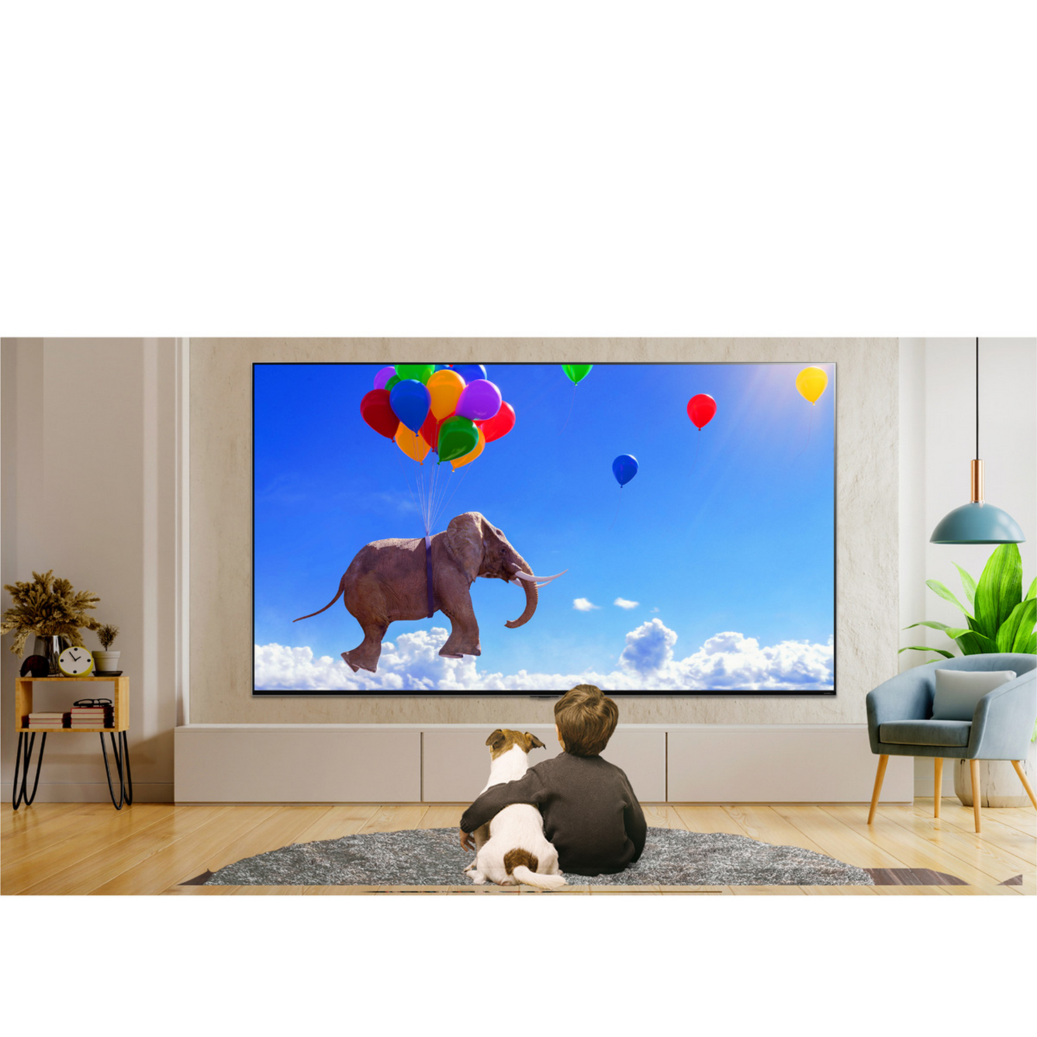 Niño y perro viendo elefante con globos en TV. Fondo de cielo azul brillante.