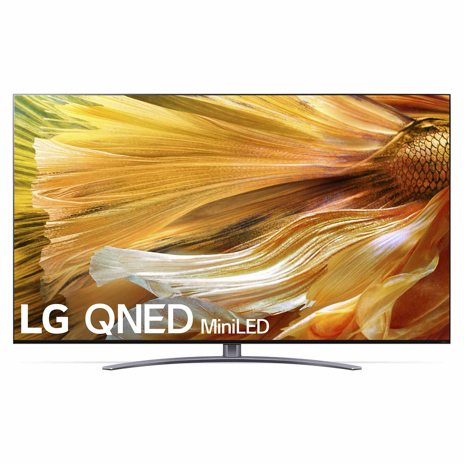 Televisor LG QNED MiniLED. La pantalla muestra un fondo floral abstracto.