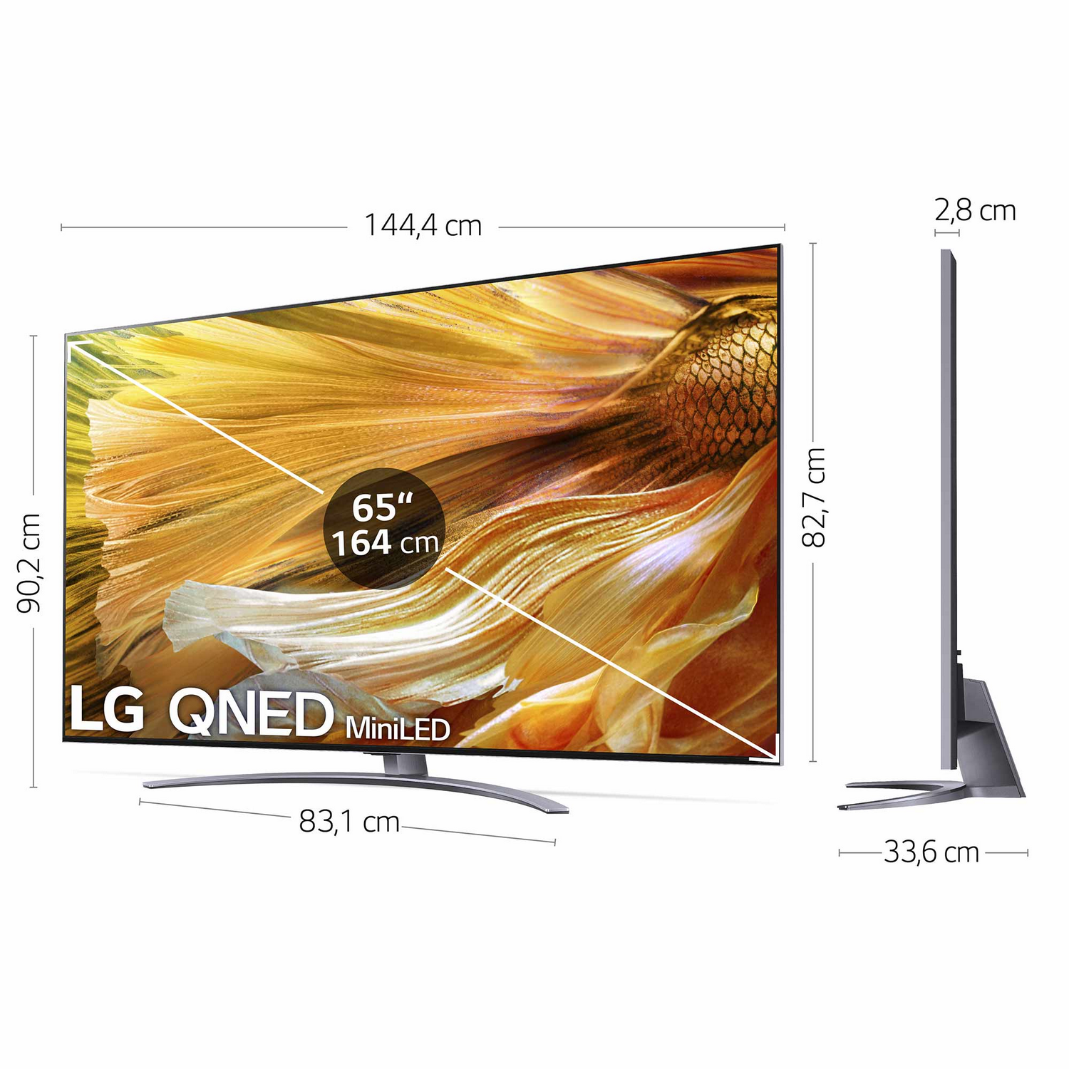 Un televisor grande en un soporte, que muestra dimensiones. La pantalla tiene un patrón dorado.