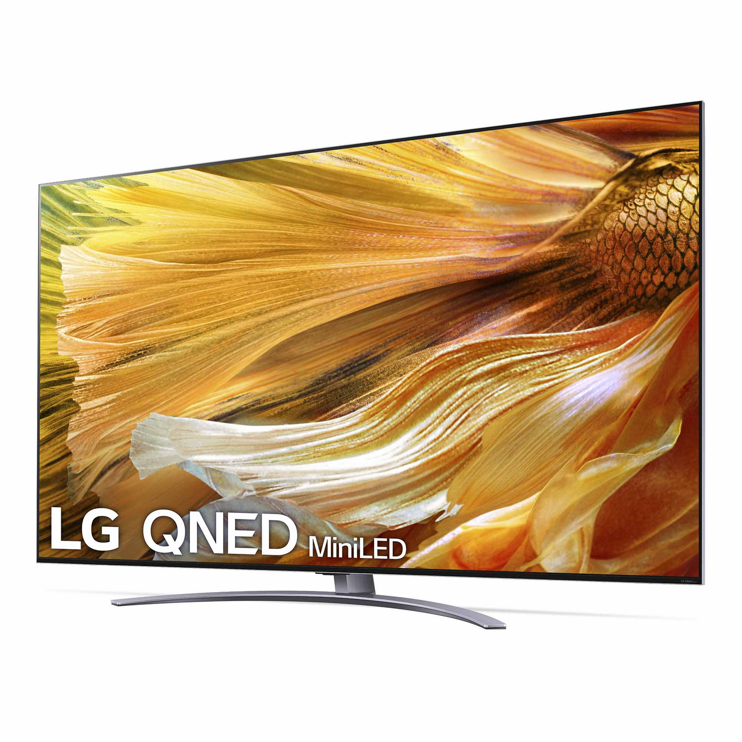 TV LG QNED MiniLED. La pantalla muestra arte dorado abstracto. El televisor tiene un soporte curvo. La marca es visible.