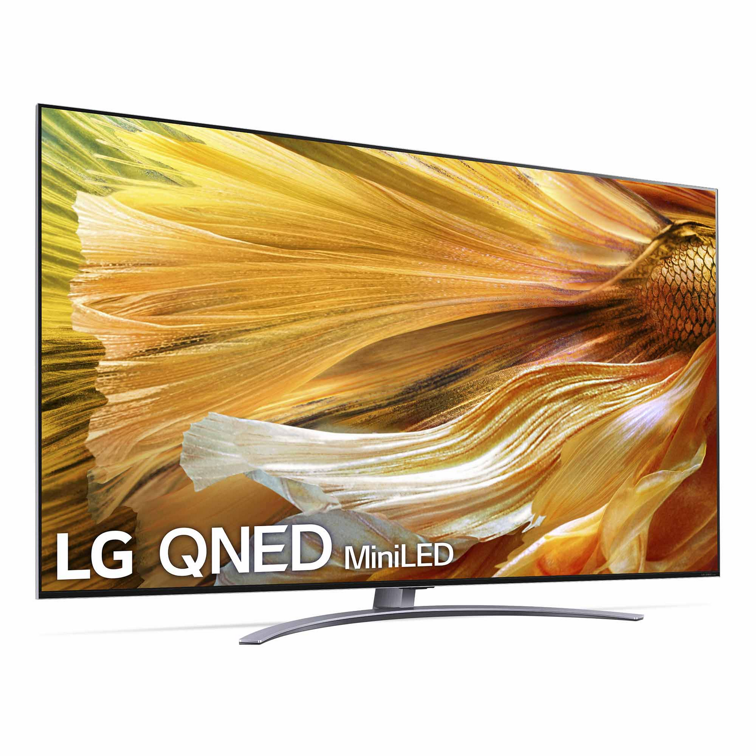 TV LG QNED MiniLED. La pantalla muestra patrones abstractos coloridos, con la marca LG y MiniLED.