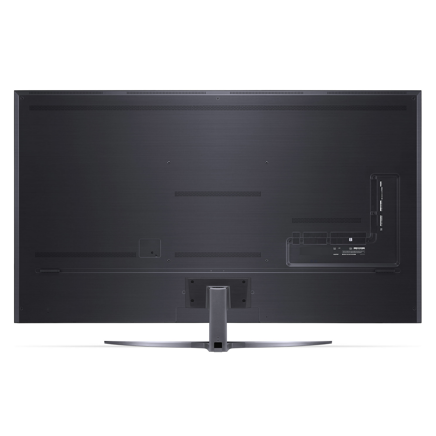 Vista trasera de un televisor grande y oscuro con soporte y múltiples puertos.