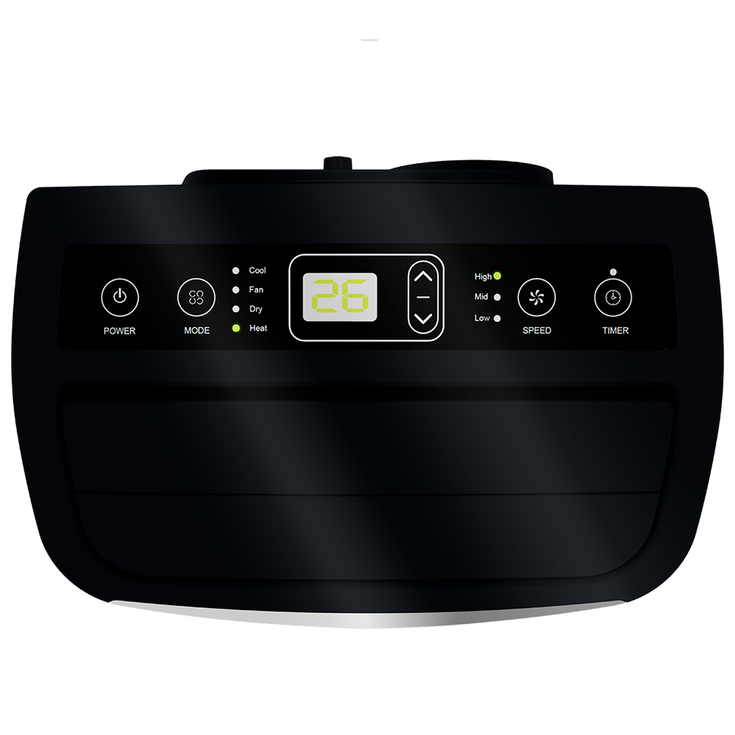 Panel de control de aire acondicionado negro con botones para encendido, modo, ventilador, velocidad, temporizador y pantalla.