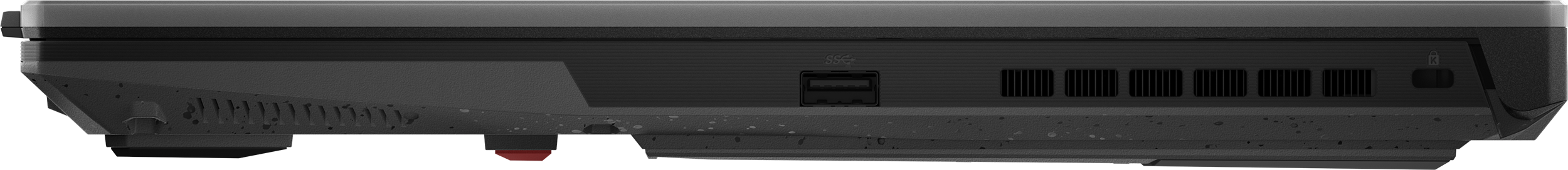 Seitenansicht einer dunklen Laptop-Basis mit USB-Anschluss, Lüftungsschlitzen und Sicherheitsschlitz.