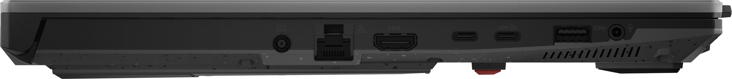 Seitenansicht eines dunklen Laptops mit verschiedenen Anschlüssen wie Strom, LAN, HDMI, USB-C und USB.