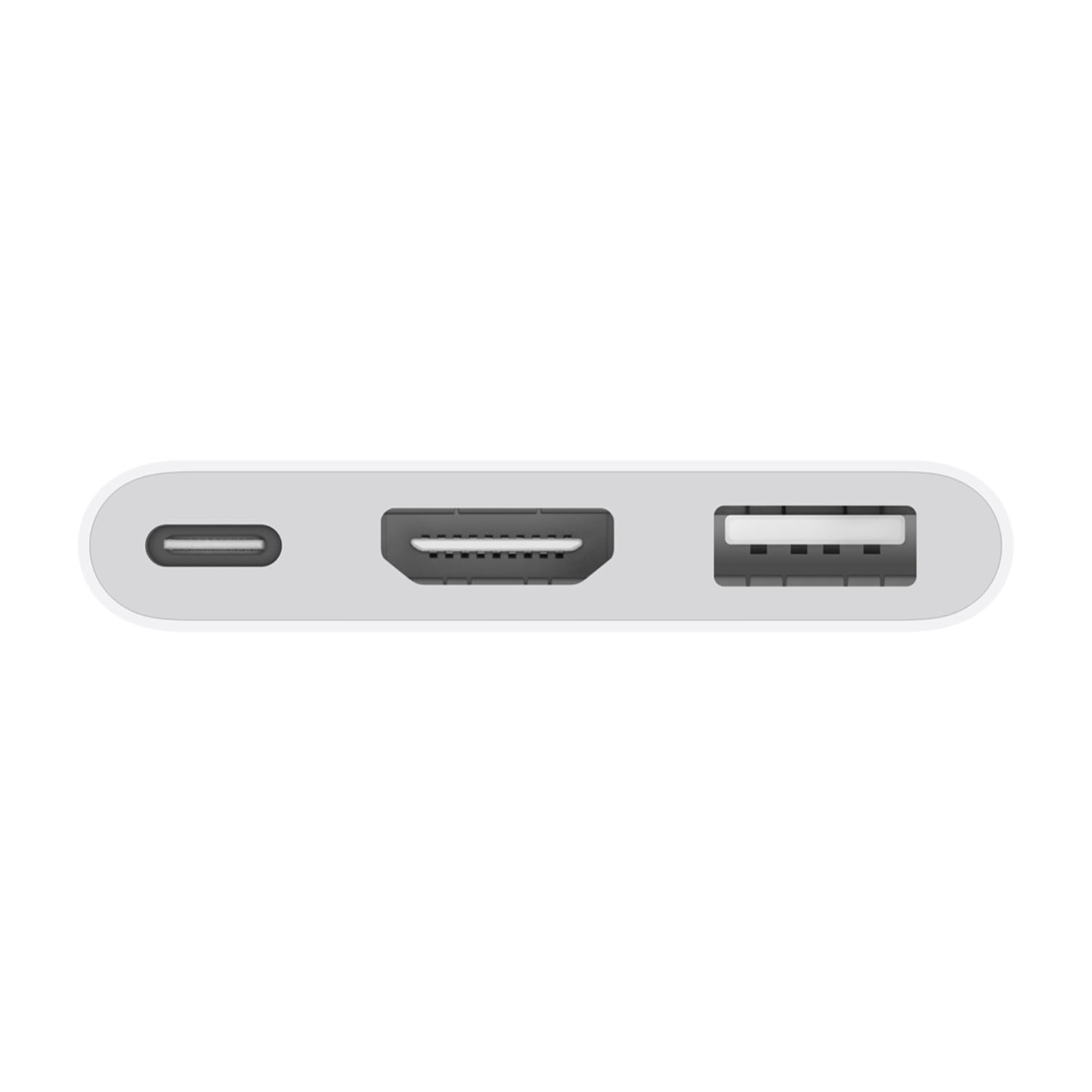 Adattatore bianco con tre porte: USB, HDMI e porta di ricarica.