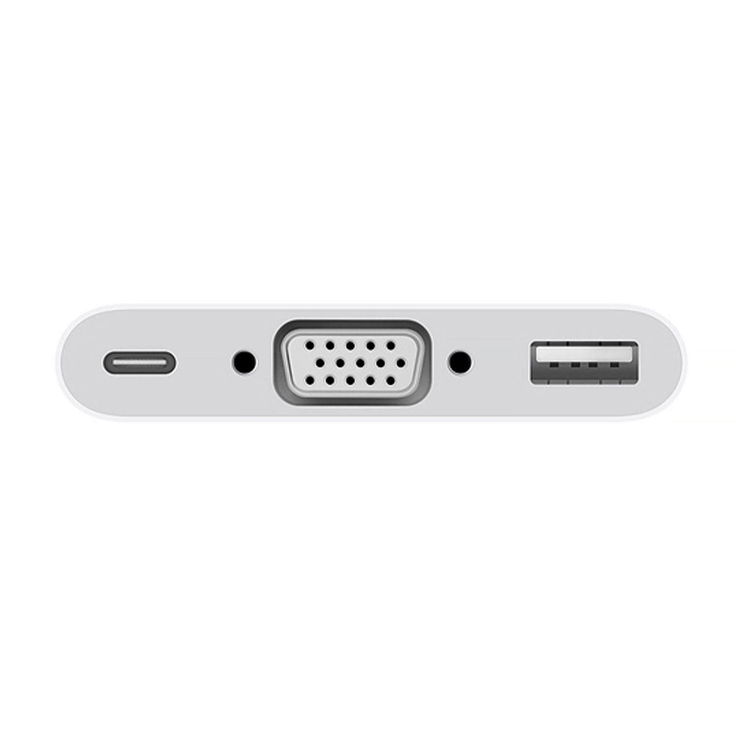 Adattatore bianco con porte USB-C, VGA e USB, vista dall'alto.