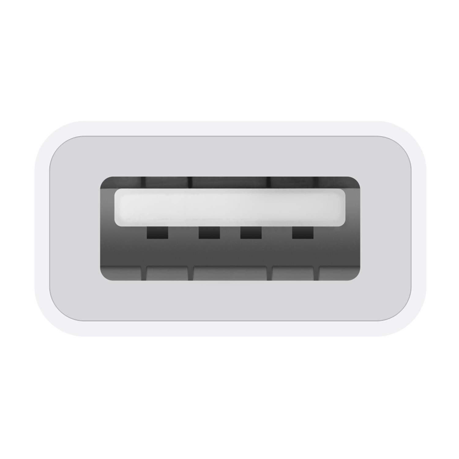 Adattatore per porta USB bianco, primo piano, su sfondo bianco.