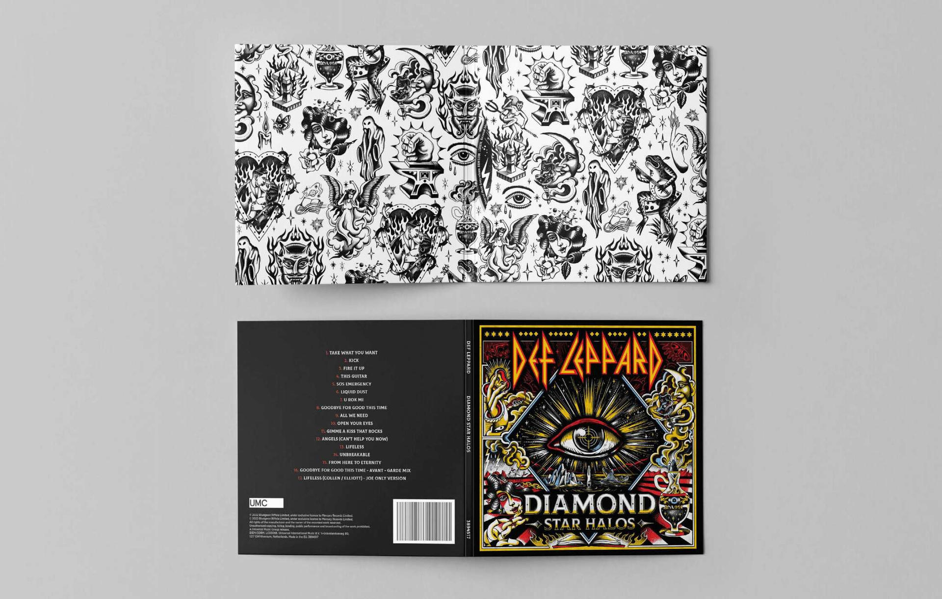 Pochette d'album Def Leppard avec des illustrations à l'avant et à l'arrière. Motifs de tatouages ​​en noir et blanc.