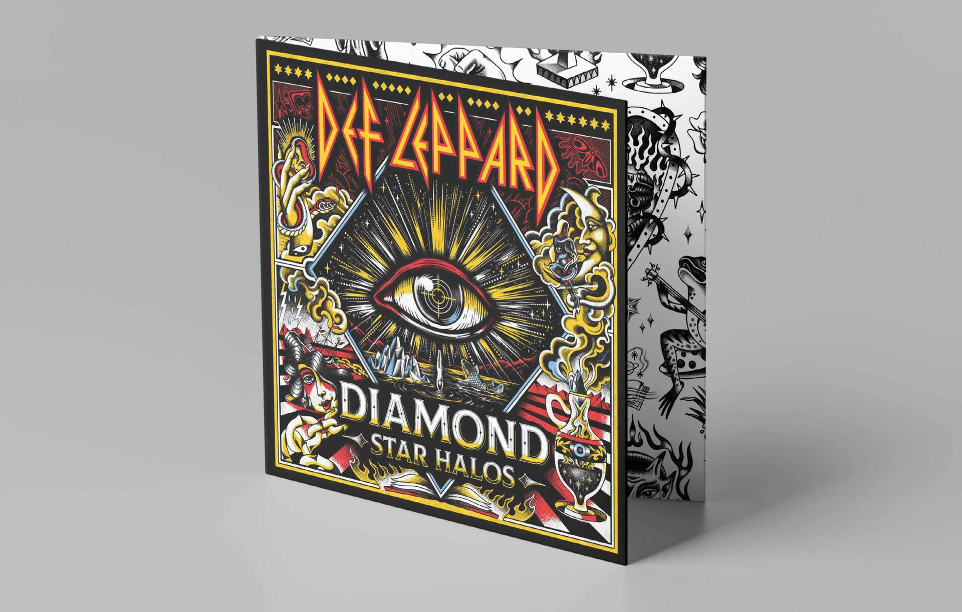 Def Leppard's albumhoes, een vierkante vorm met een oog en sterren.