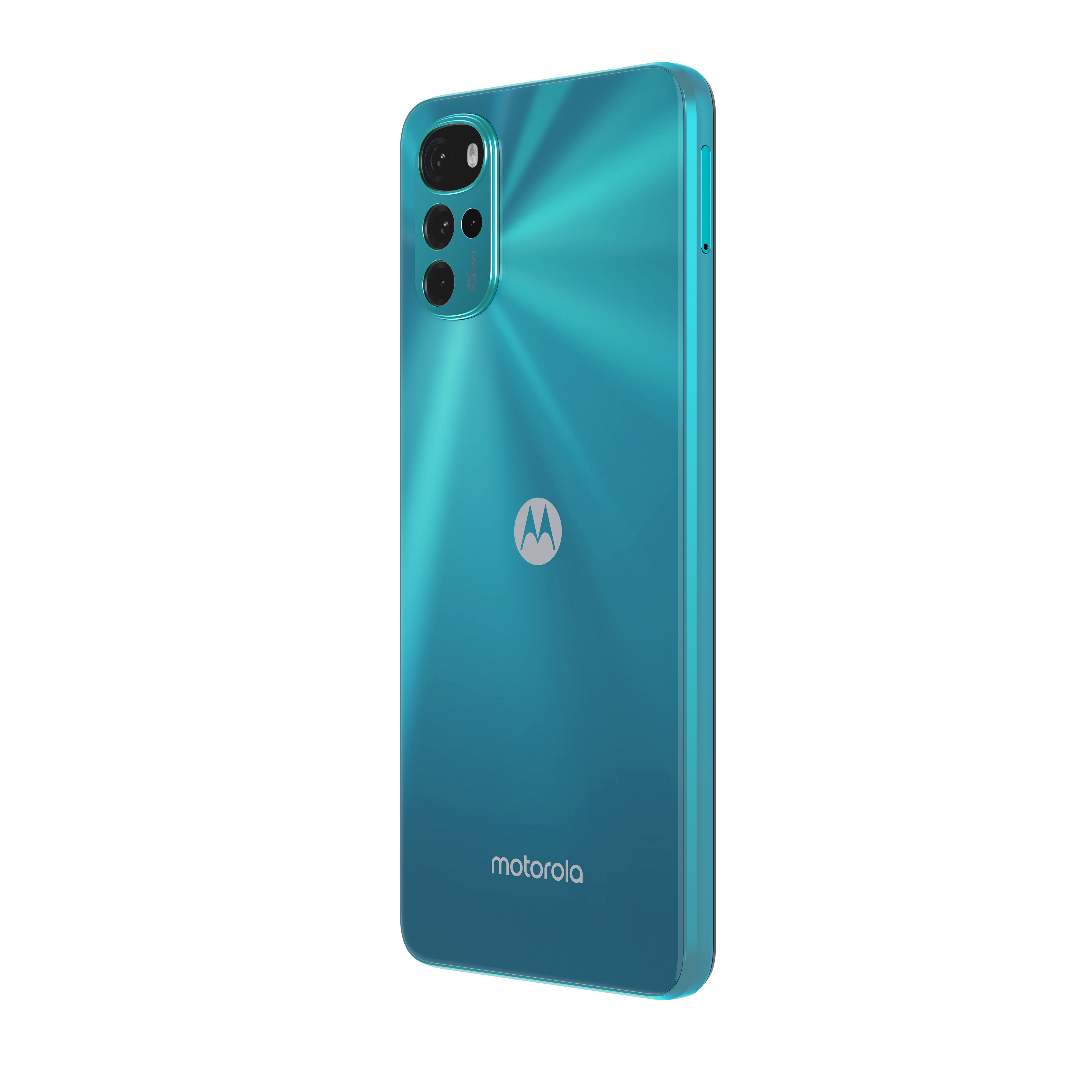 Ein türkisfarbenes Motorola-Smartphone, Rückansicht, mit drei Kameras und dem Motorola-Logo.