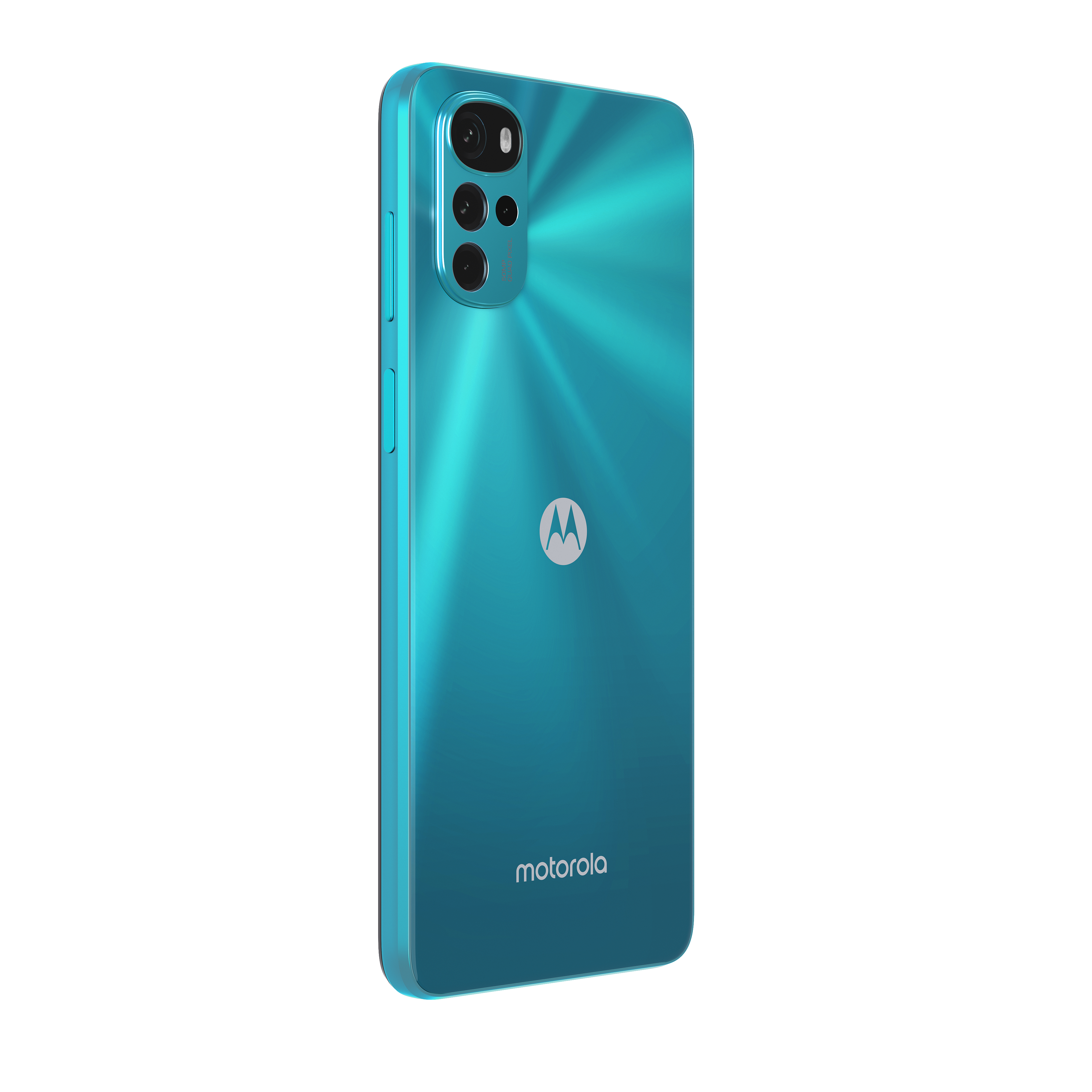 Türkisfarbenes Motorola-Telefon, Rückansicht, leicht angewinkelt, Kamera und Motorola-Logo.