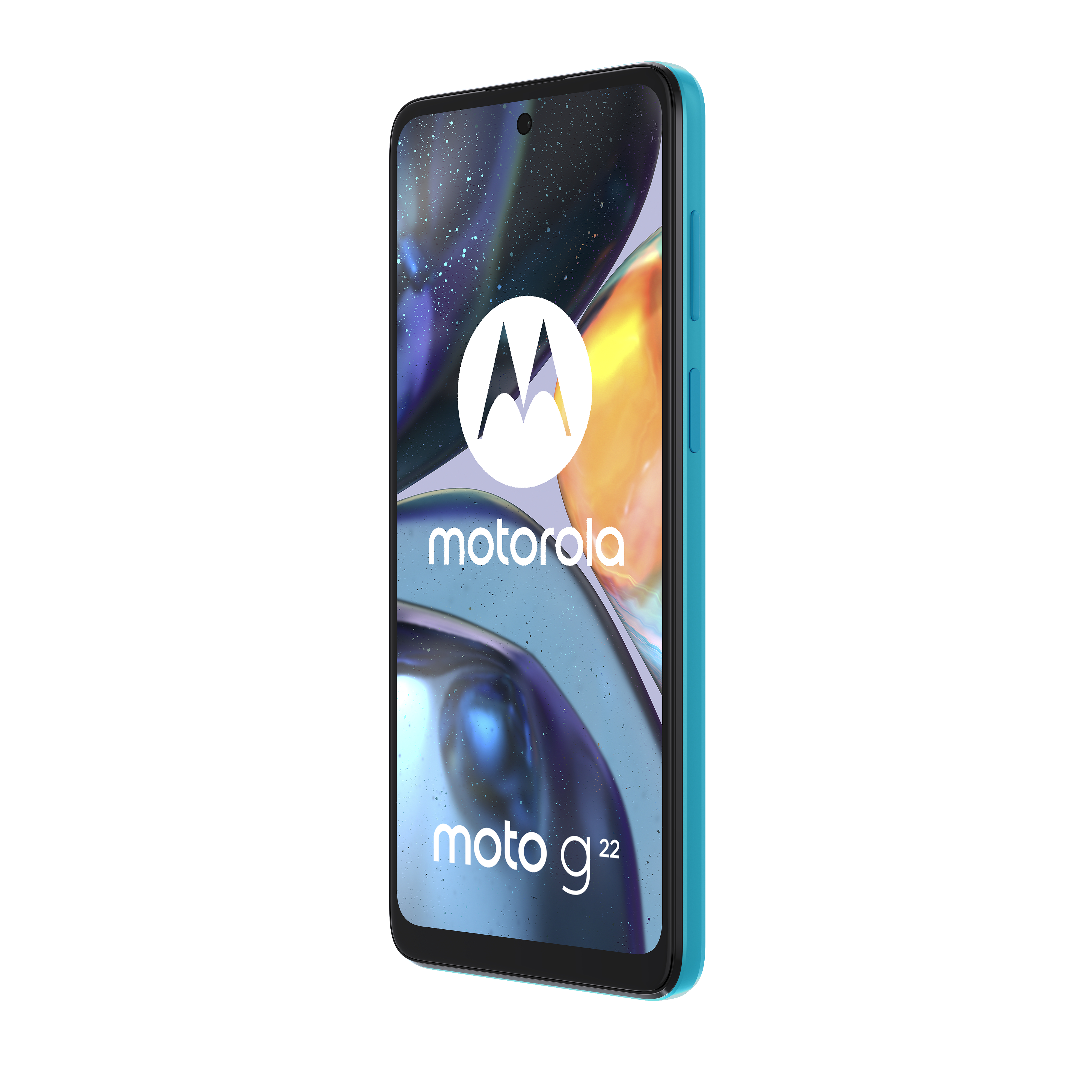 Türkisfarbenes Motorola Moto g22 Smartphone. Bildschirm zeigt App-Oberfläche.