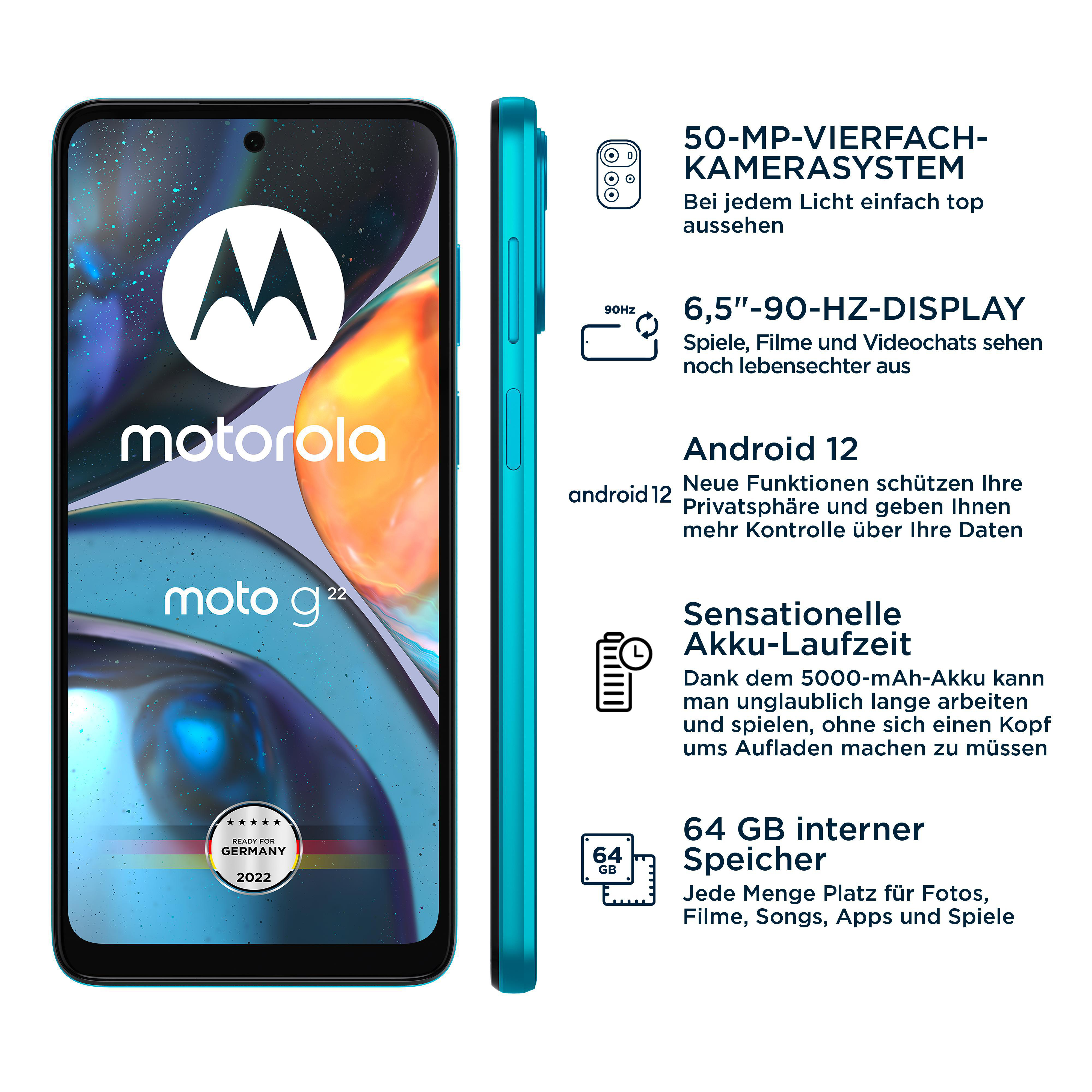 Ein türkisfarbenes Motorola Moto g22 Smartphone mit Text und Symbolen, die Funktionen zeigen.