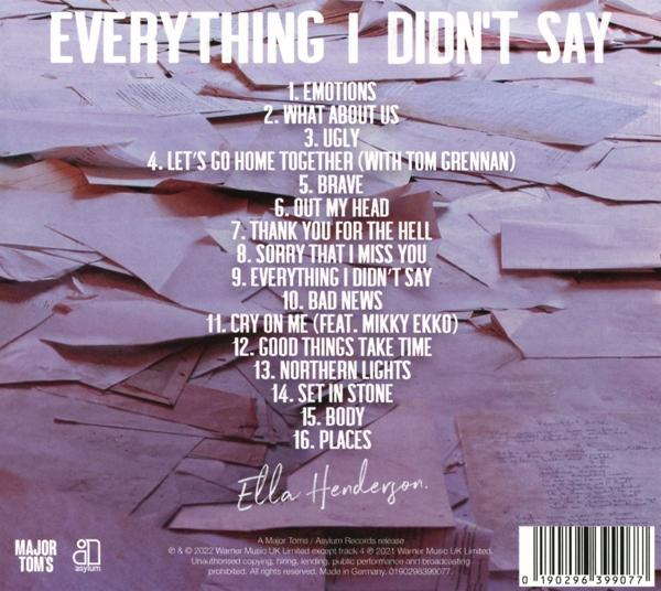 Albumcover mit Titelliste, betitelt 'Everything I Didn't Say' von Ella Henderson.
