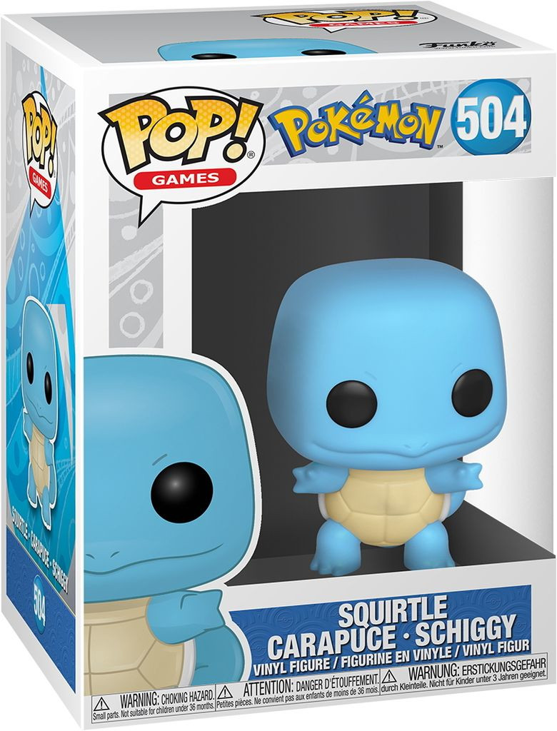 A Funko Pop figure of Squirtle in a box with a white and blue design, on a white background.