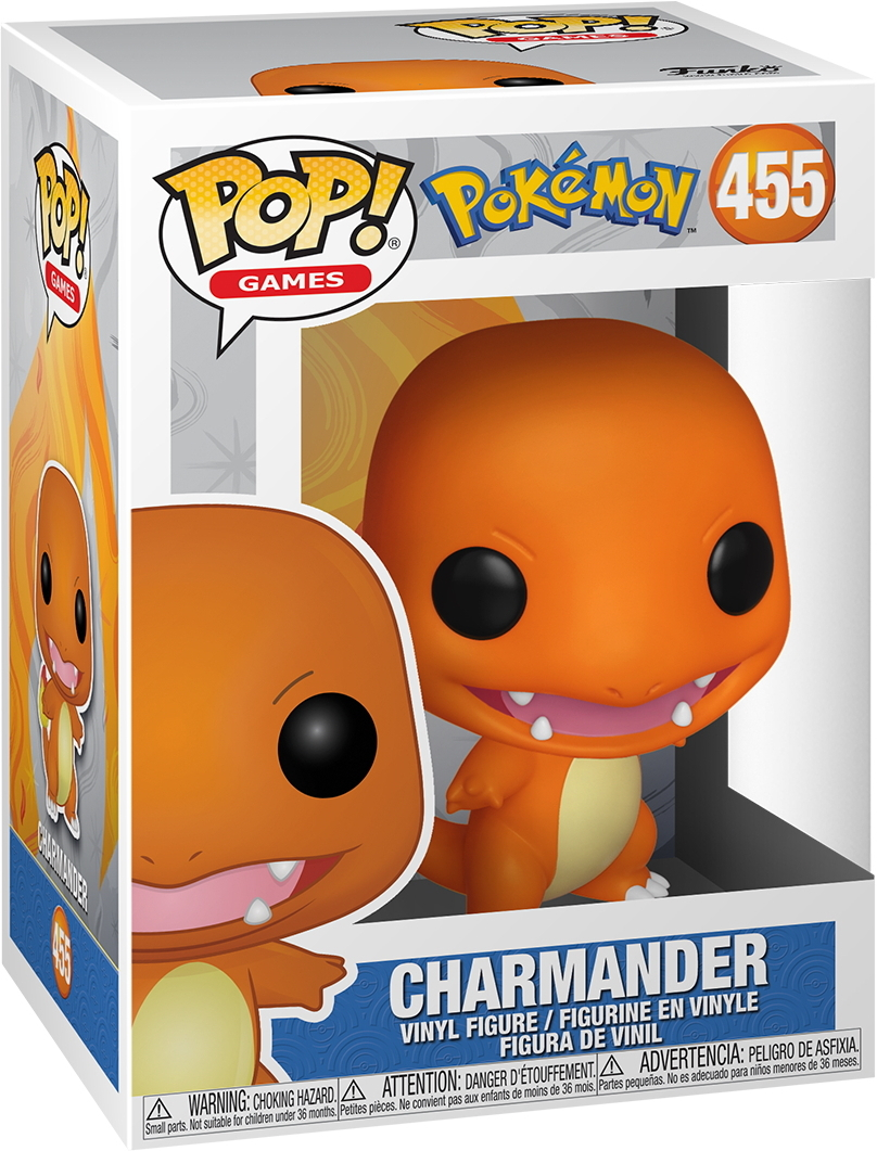 Charmander toy in box, orange and white, with text and Pokémon branding.