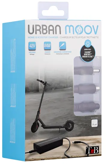 Box mit einem Urban Moov E-Scooter-Ladegerät. Es zeigt das Ladegerät und den Roller. Das Ladegerät hat 42V und 84W.