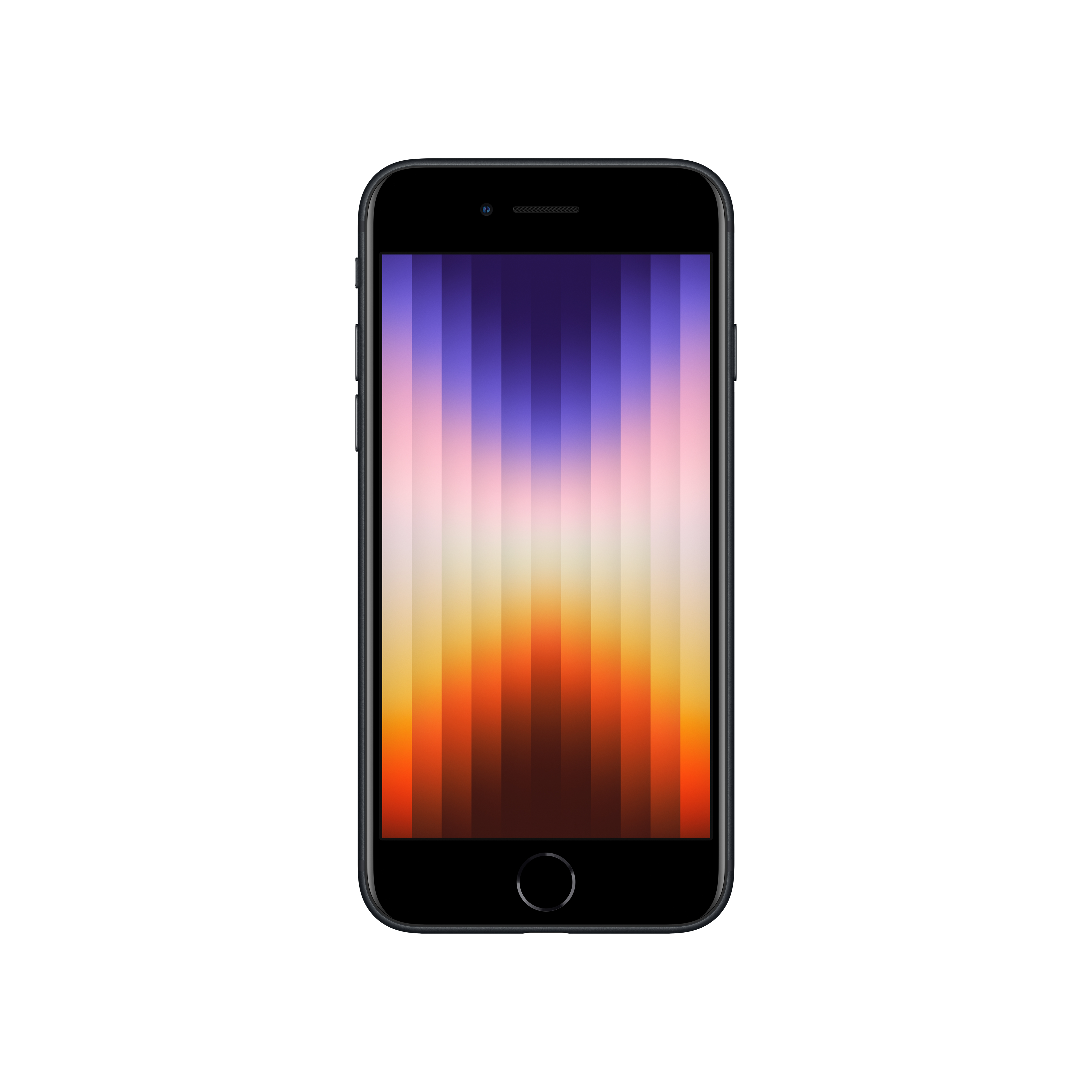Renkli bir ekrana sahip siyah iPhone, önden görünüm, dikey çizgiler gösteriyor.