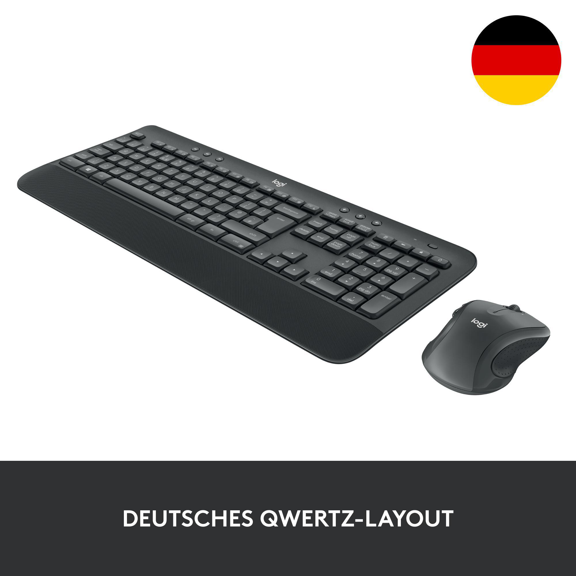 Schwarzes Tastatur- und Maus-Set mit deutschem QWERTZ-Layout und einem deutschen Flaggen-Symbol.