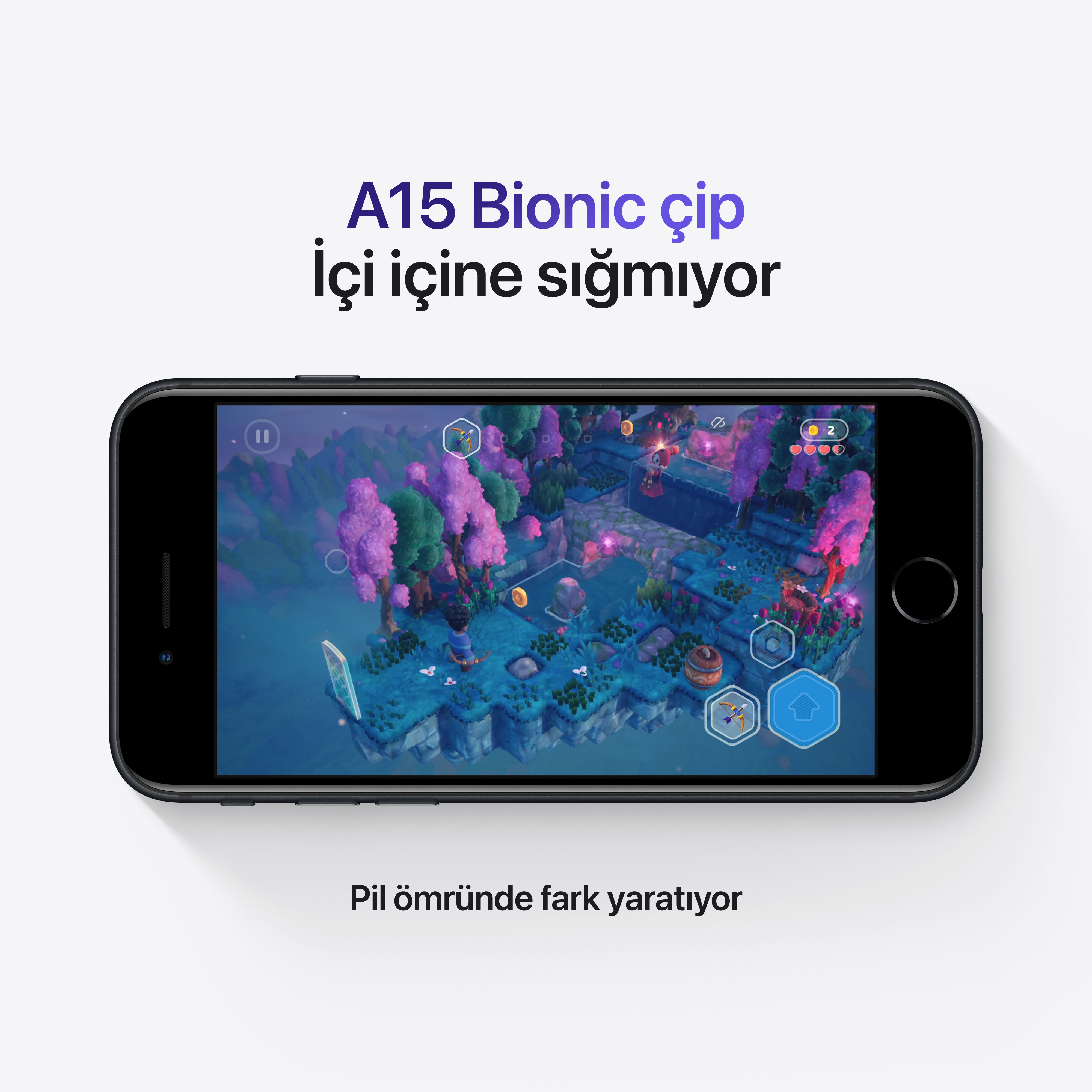 Oyun gösteren telefon. Ekran, karakterler ve binalarla dolu renkli bir ada gösteriyor.