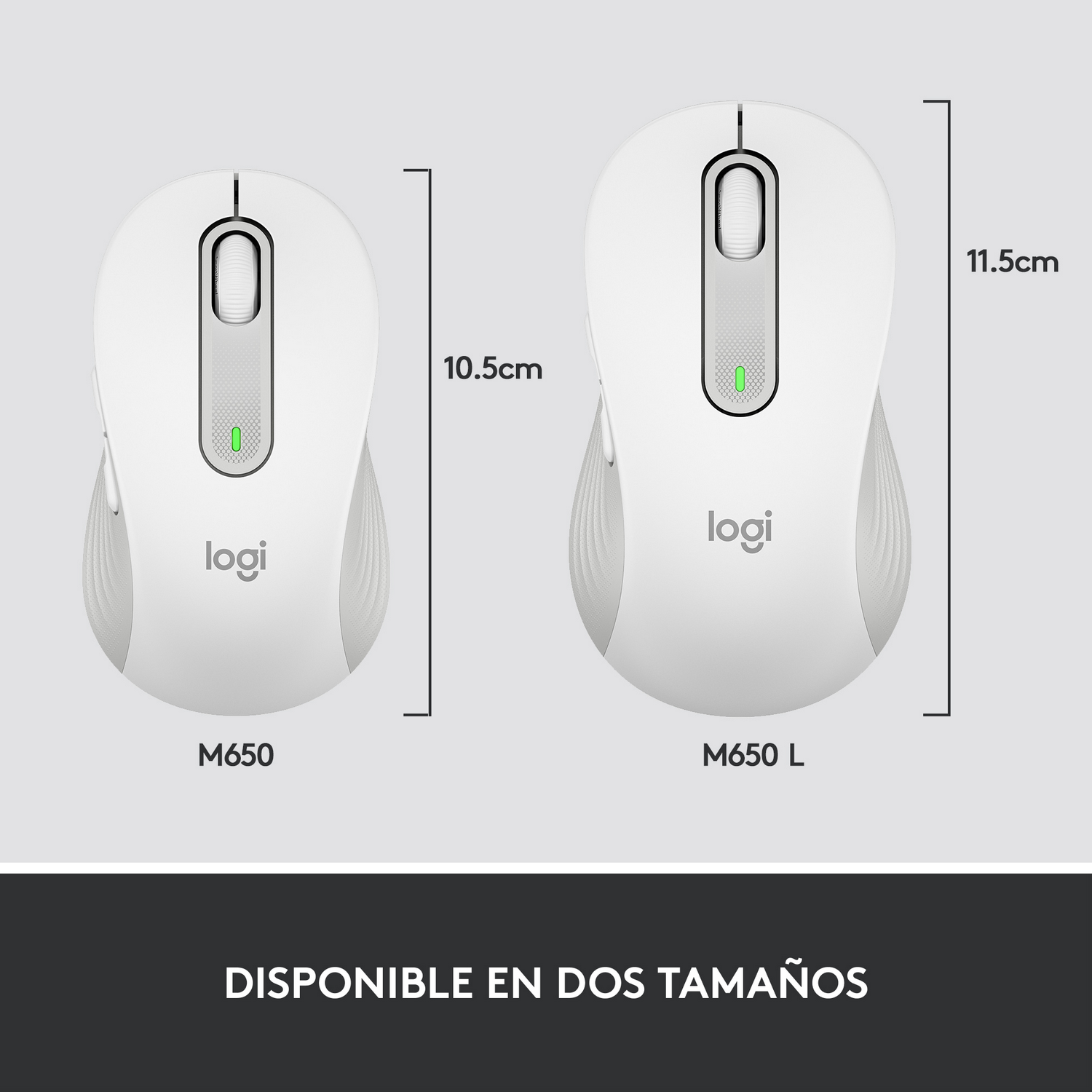 Dos ratones de ordenador blancos, uno más grande que el otro. Ambos tienen área de desplazamiento gris.