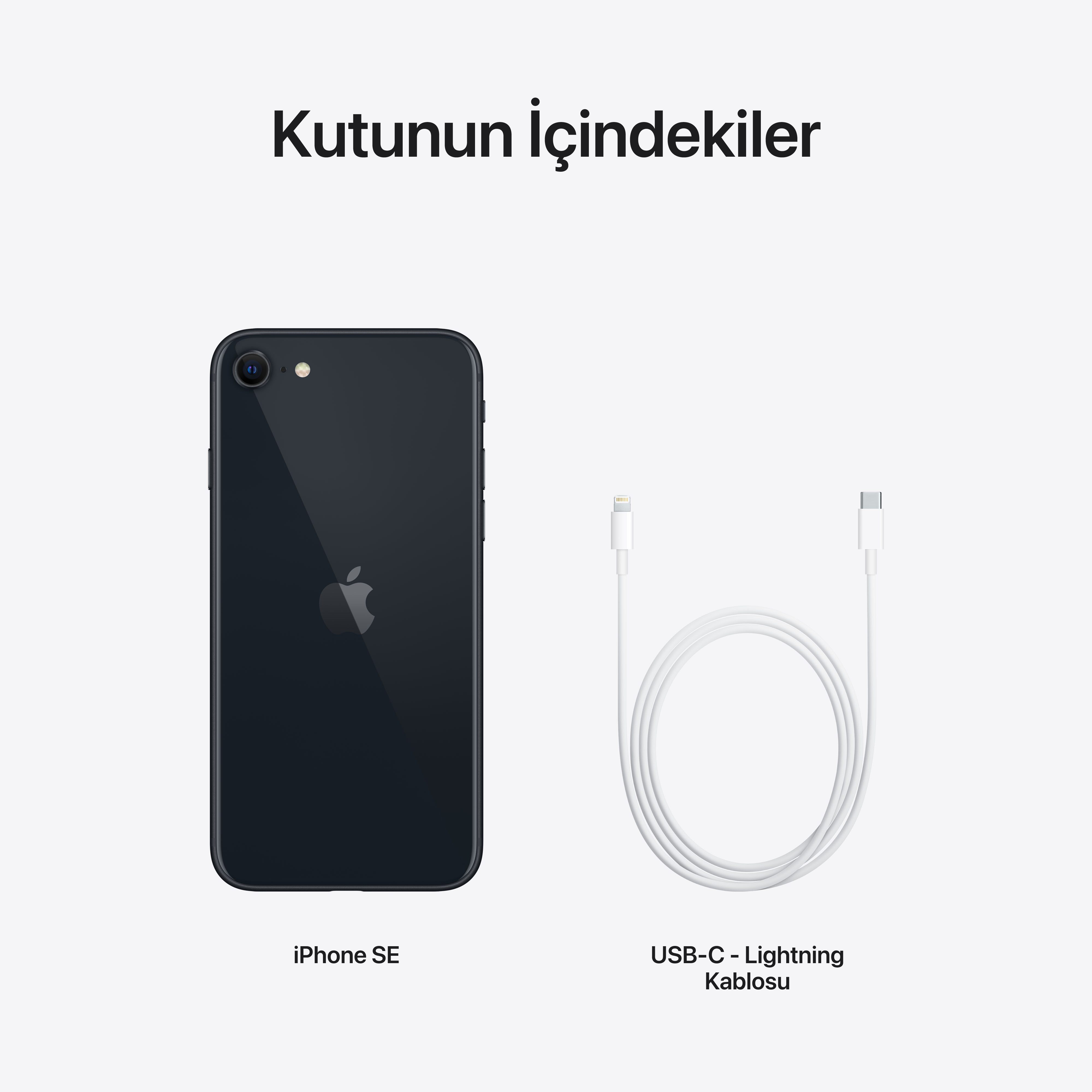 Siyah iPhone SE ve beyaz bir USB-C - Lightning kablosu, açık bir arka plan üzerinde.