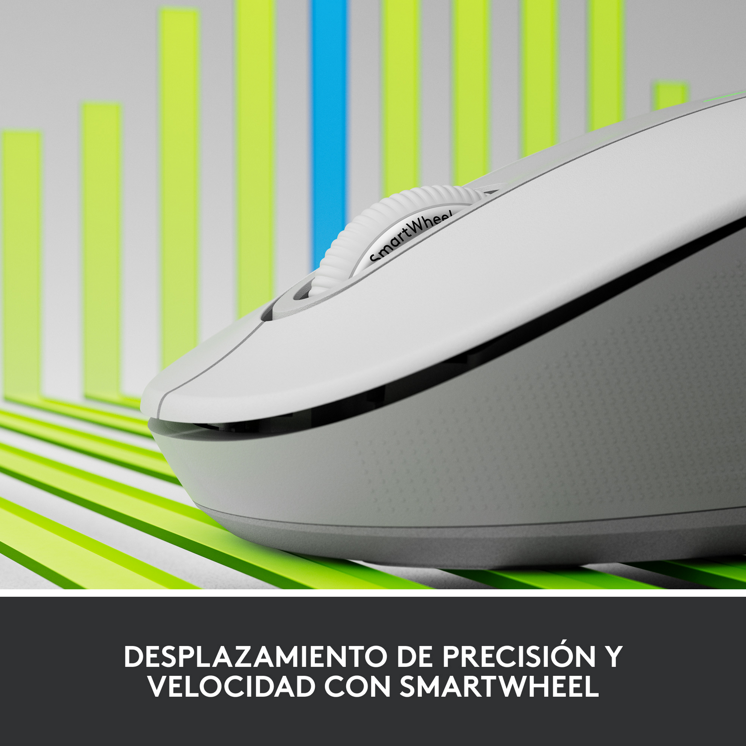 Un ratón de computadora blanco con SmartWheel, con elementos de gráfico de barras verdes y azules en el fondo.