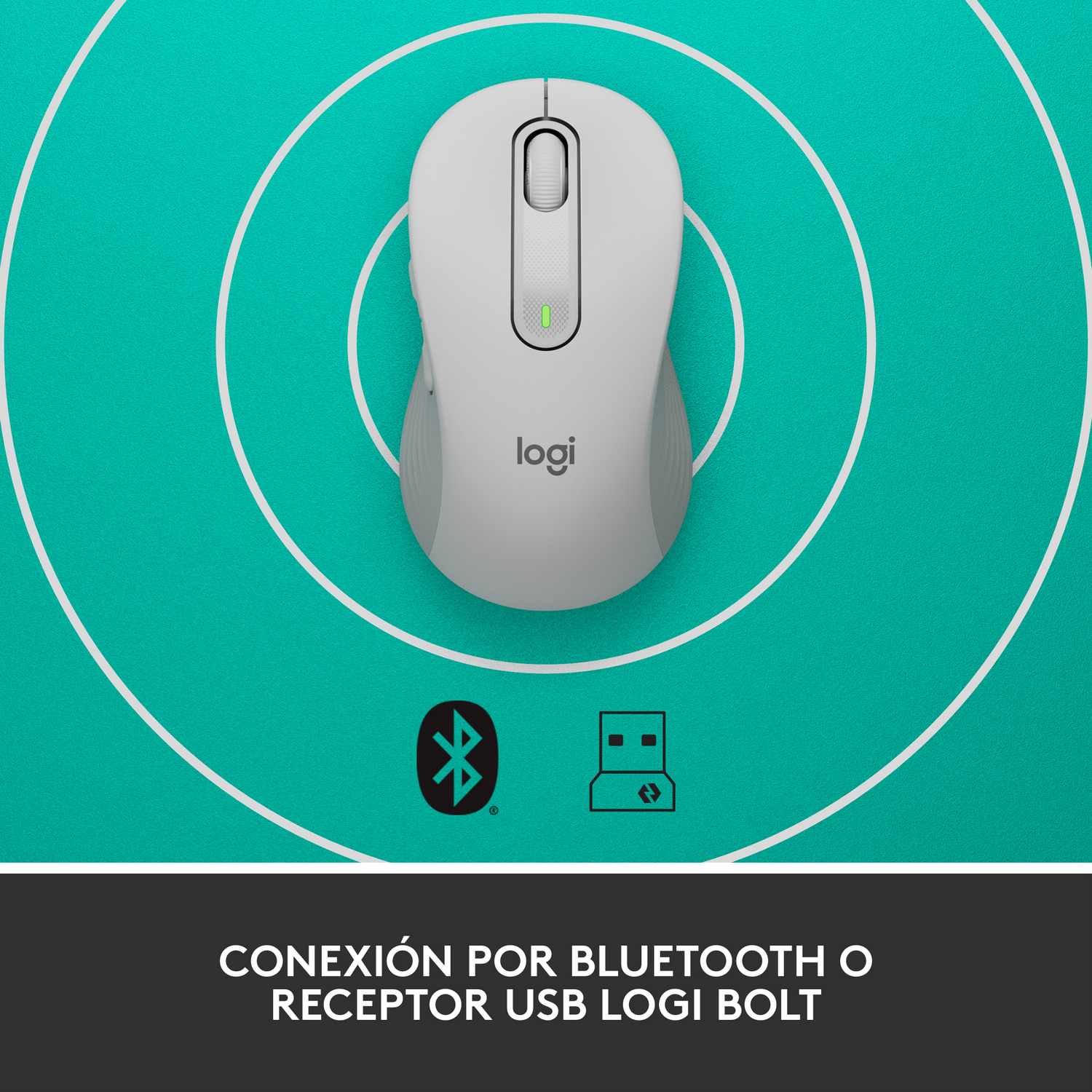 Un ratón Logitech blanco sobre una superficie verde azulado. Logotipos Bluetooth y USB abajo.