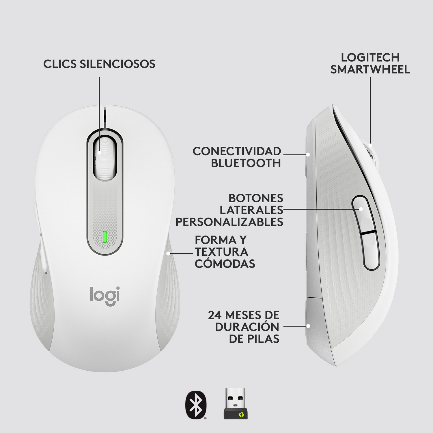 Un ratón Logitech blanco con algunas etiquetas de texto.