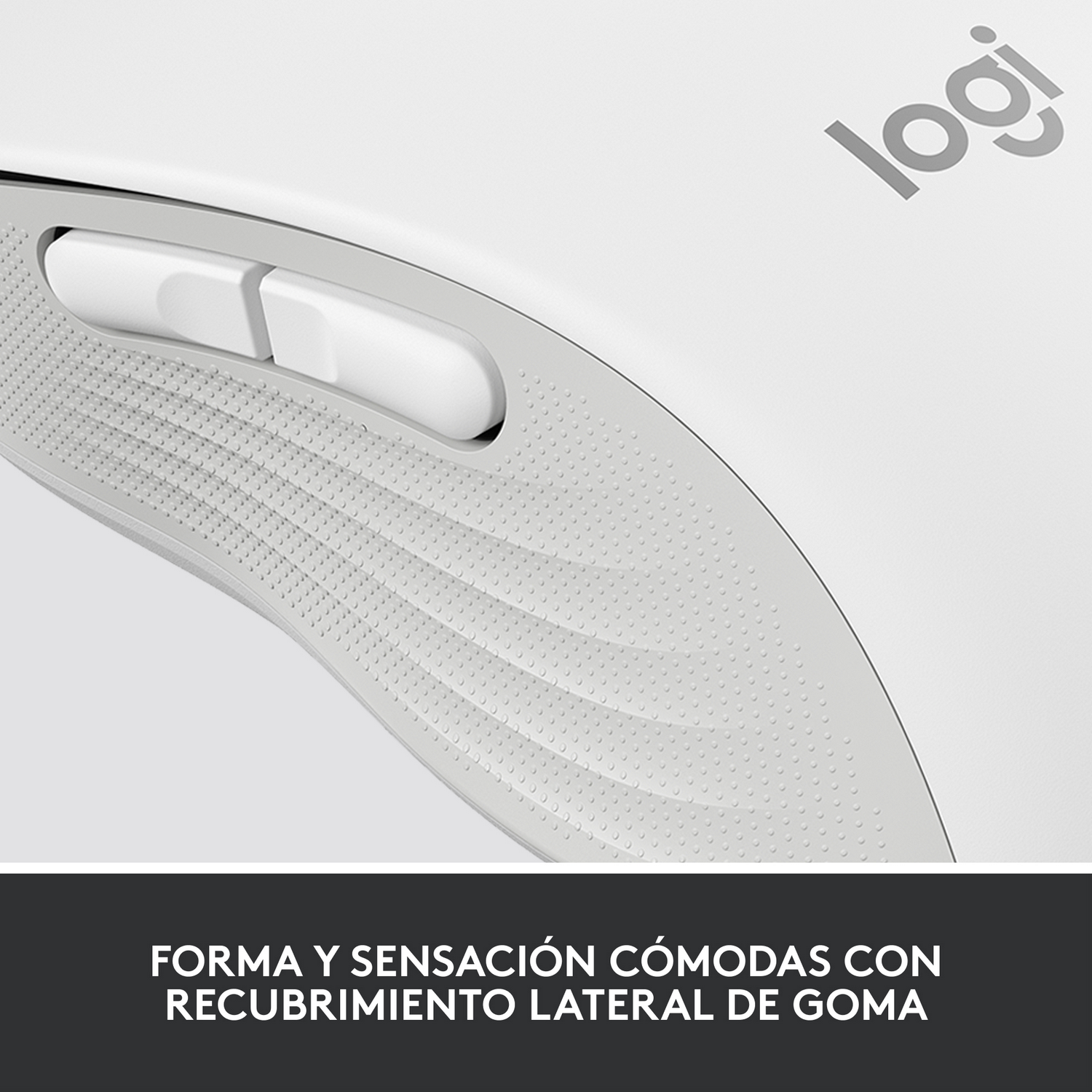 Un ratón blanco con agarre lateral de goma. La palabra Logi es visible.